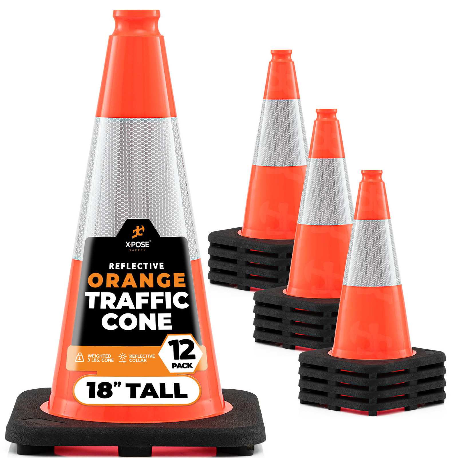 12 of Orange Traffic Cones 18 Inch with 6" Collar, PVC Plastic Safety Cone