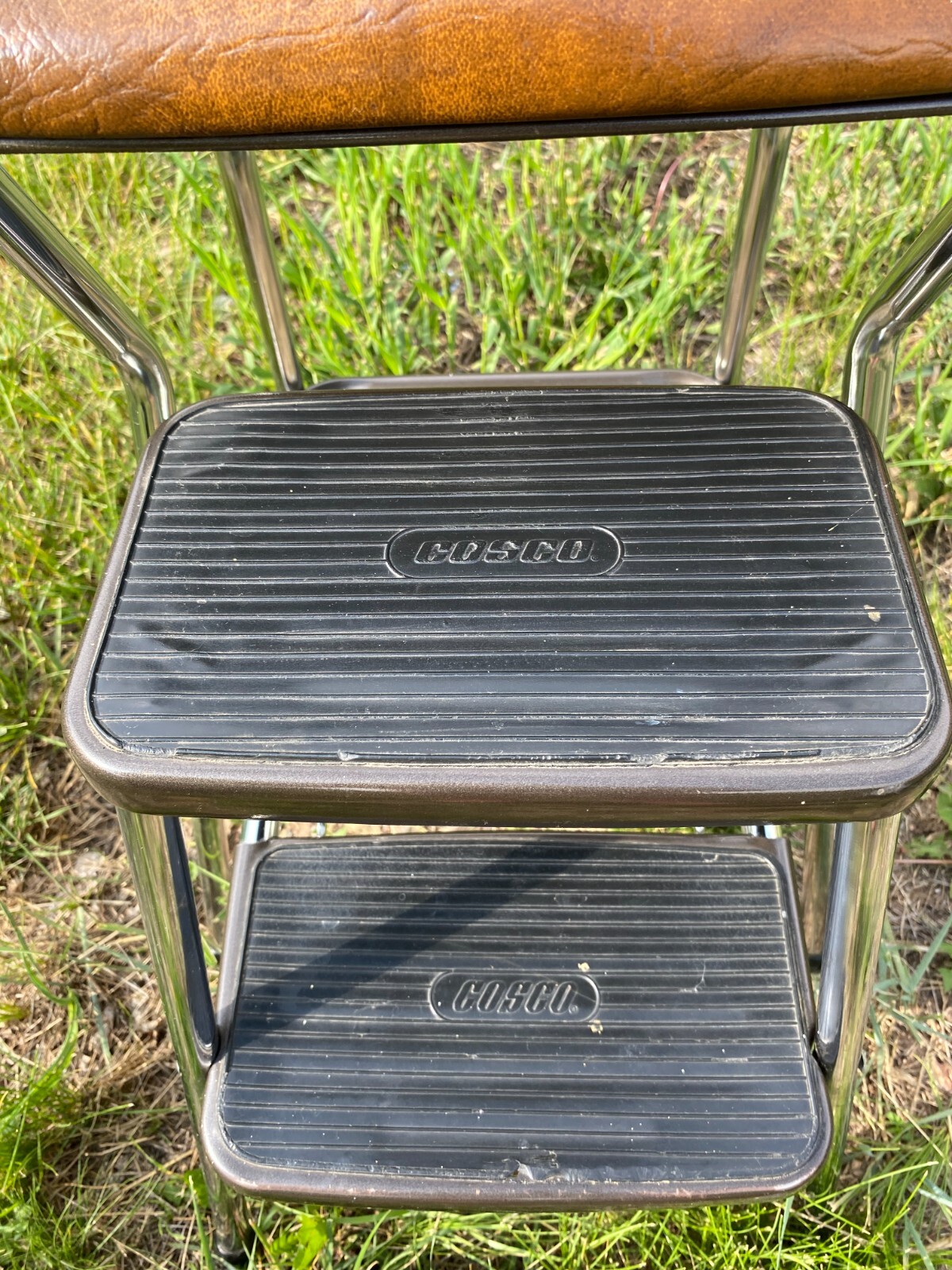 Vintage Cosco Chrome Kitchen 2 Step Stool Brown Seat 32 Inches Tall