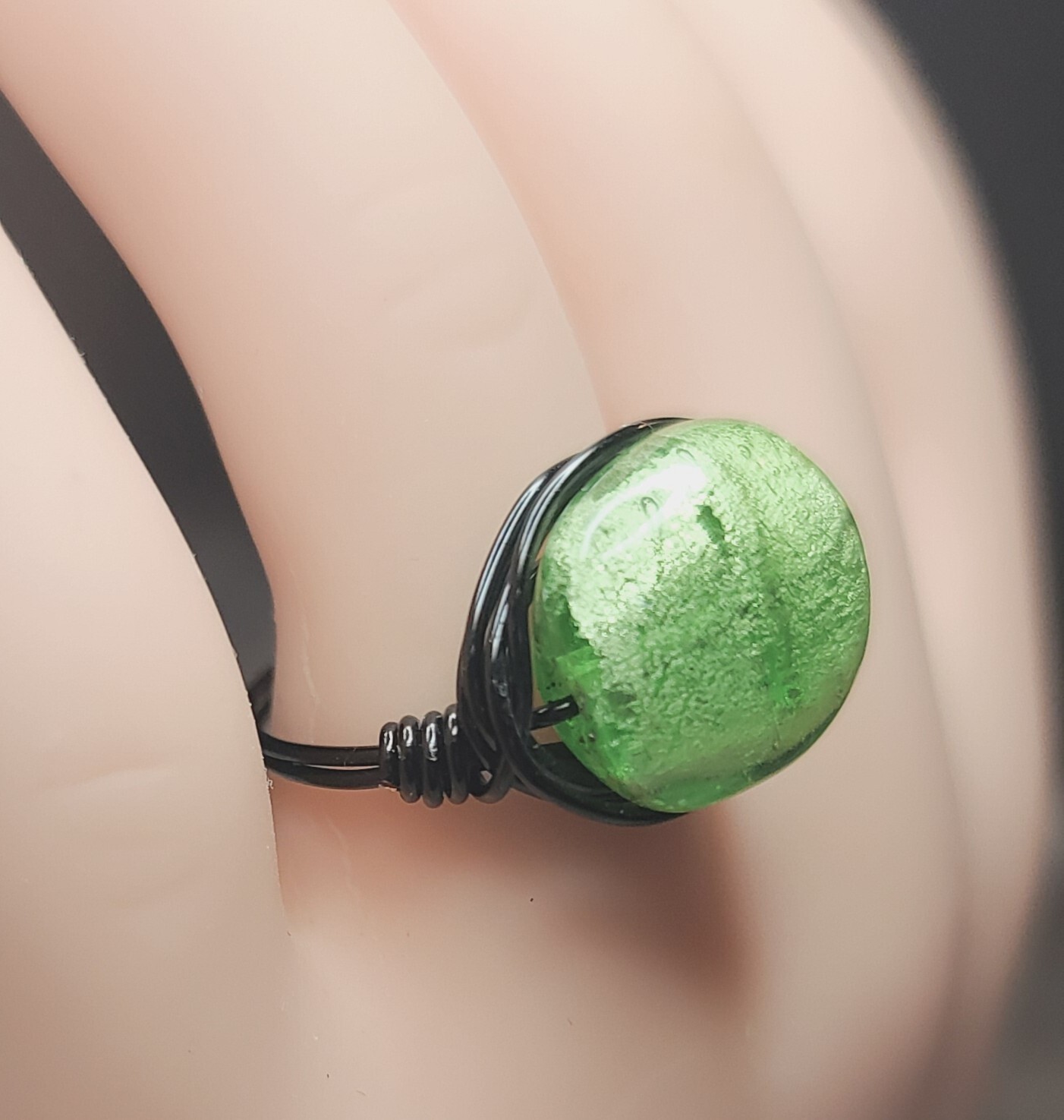Handmade Wire Wrapped Ring Brilliant Green Bead Size 8.
