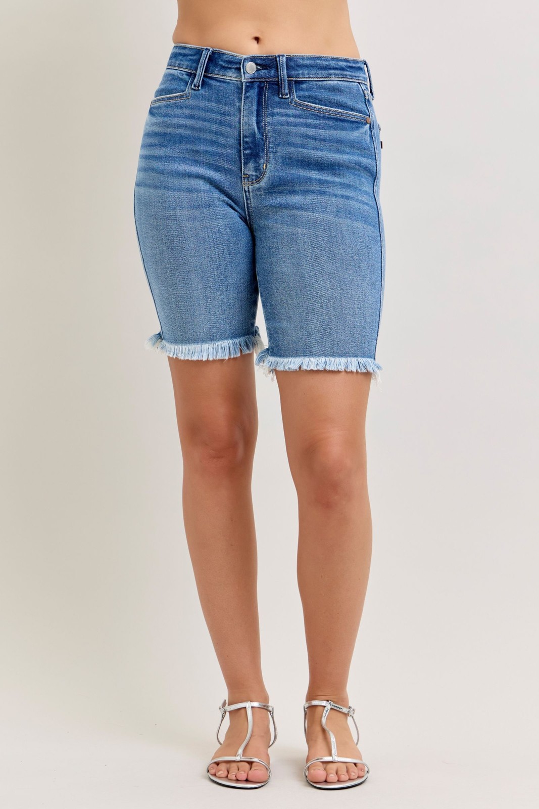 Women Judy Blue High Waist Bermuda Shorts Stretch Denim Frayed Hem Medium Wash