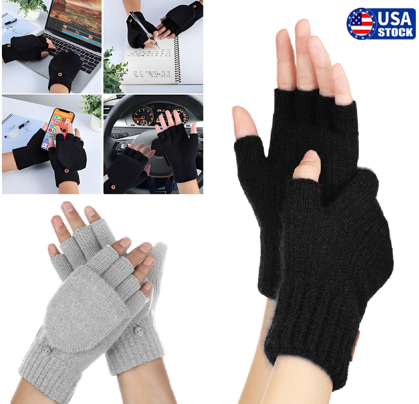 Knitted Convertible Mittens Flap Fingerless Gloves Thermal Winter Wool Men Women