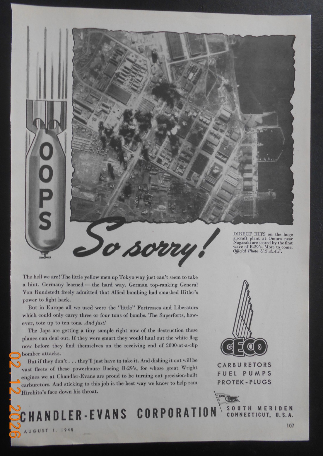 1945 CECO Chandler-Evans South Meriden CT WWII War Omura Nagasaki Bombing AD