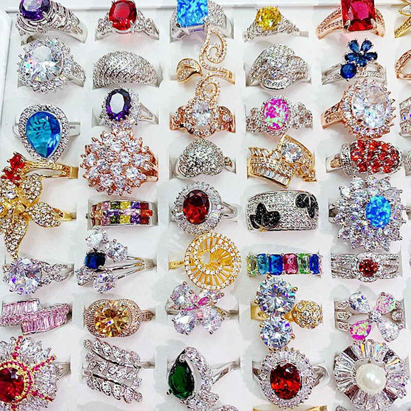 100Pcs Wholesale Colorful Crystal Mixed Rings Bulk Finger Band Ring Jewelry Lot