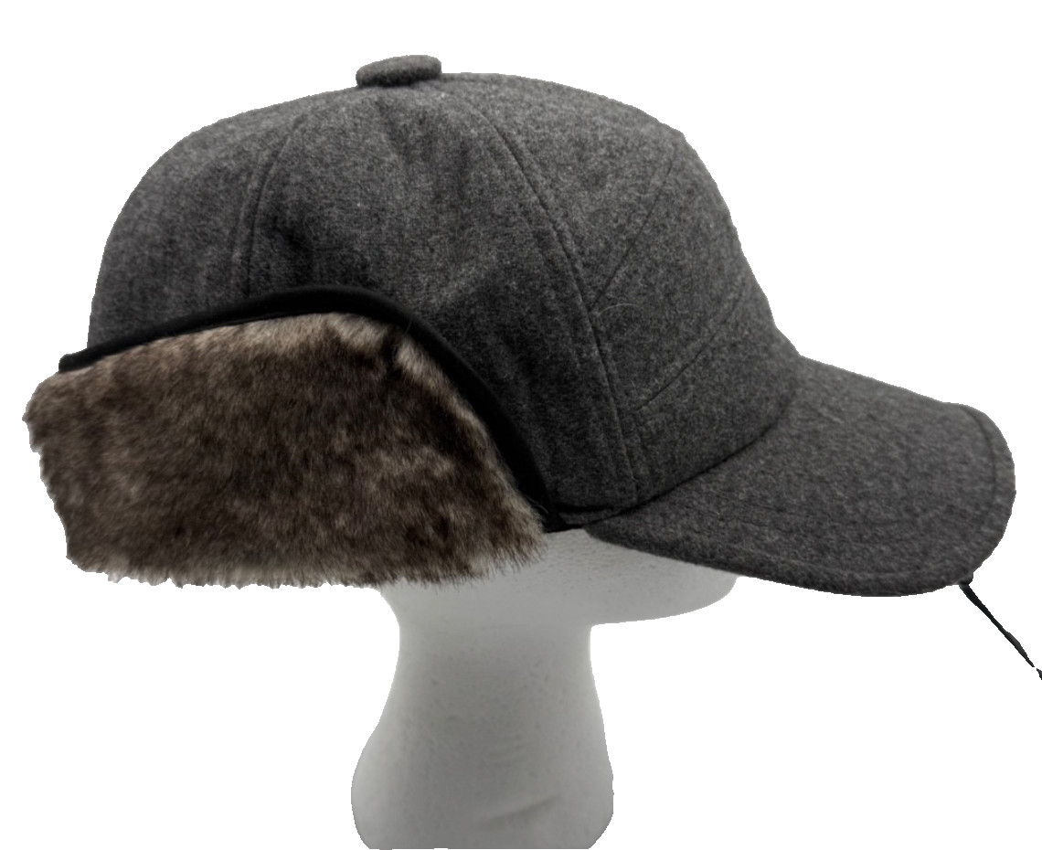 Siggi Ball Cap Hat Earflap Trapper Hunting Faux Fur Wool Blend Gray Size M/L