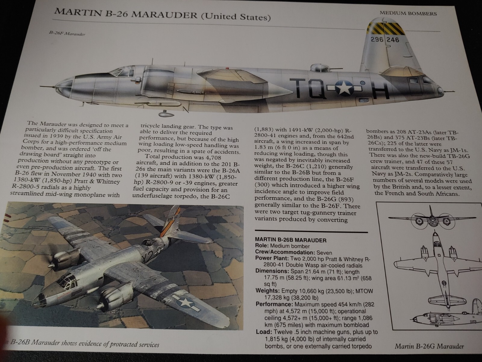 Martin B-26 B 26 Marauder Bomber Picture Out of Print Article Sheet Wall Art