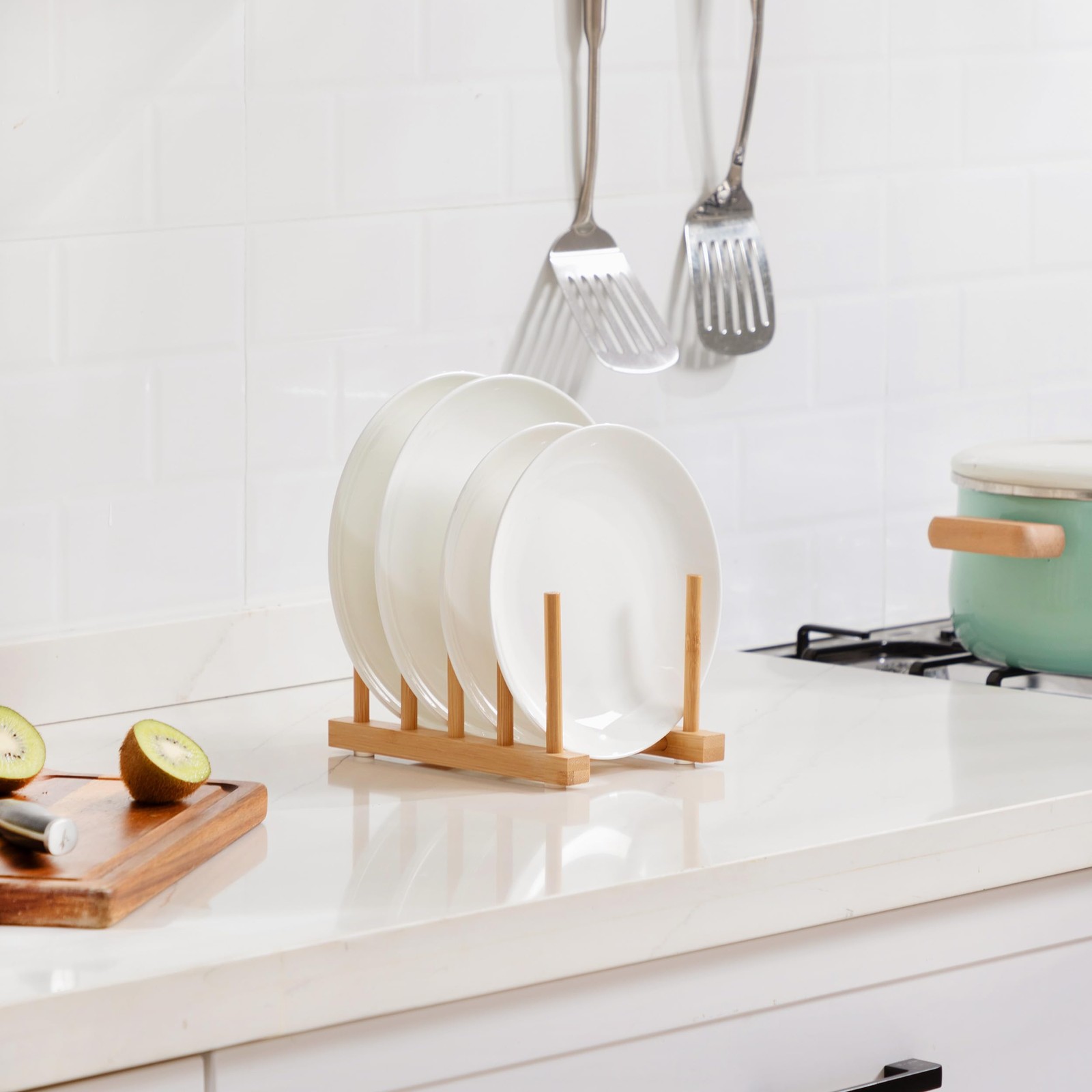 Bamboo Dish Drying Rack for Kitchen Counter & Cabinet (4 Slots)