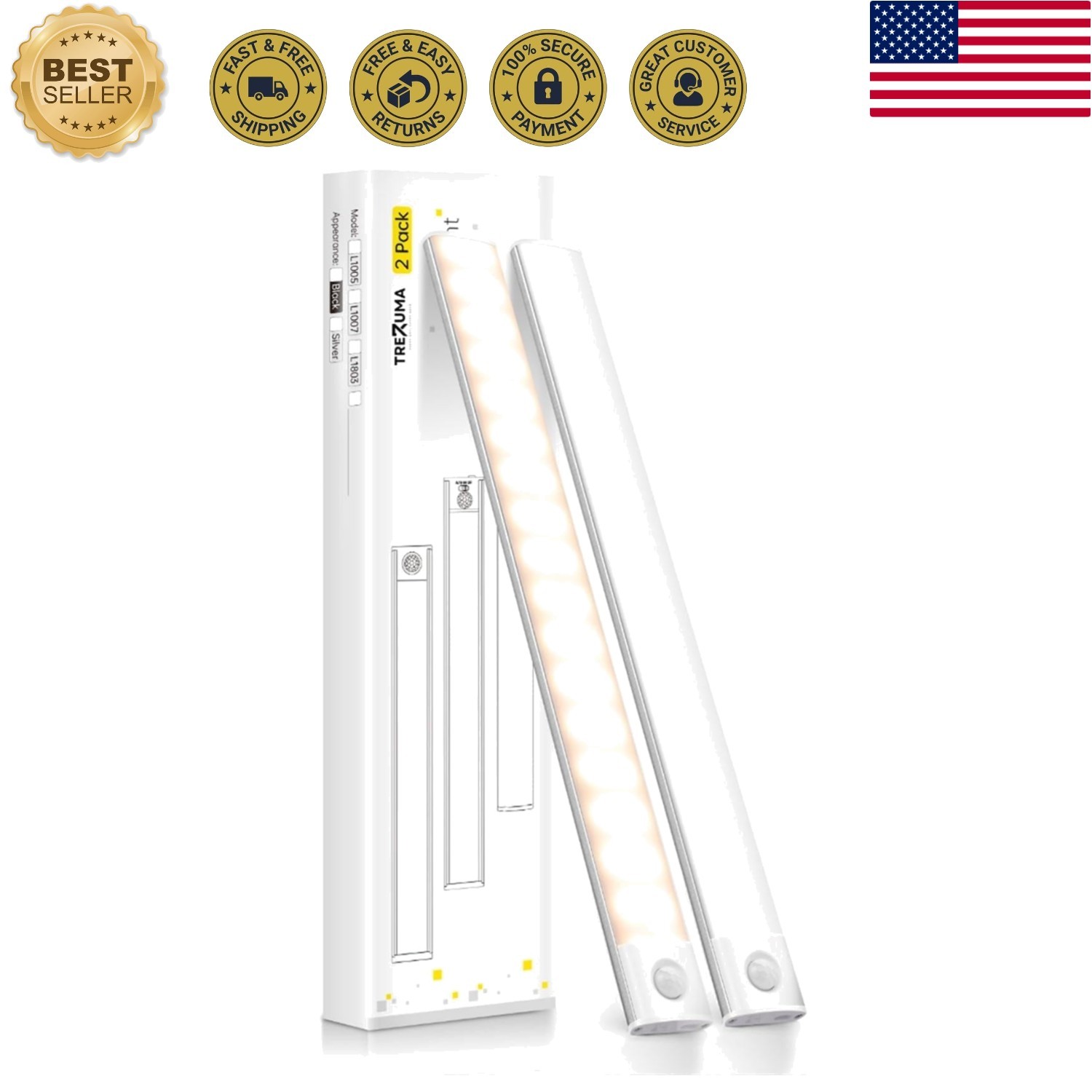 12 Inch Under Cabinet Lighting, 2 Pack 60 LED Motion Sensor Lights, 145LM USB...