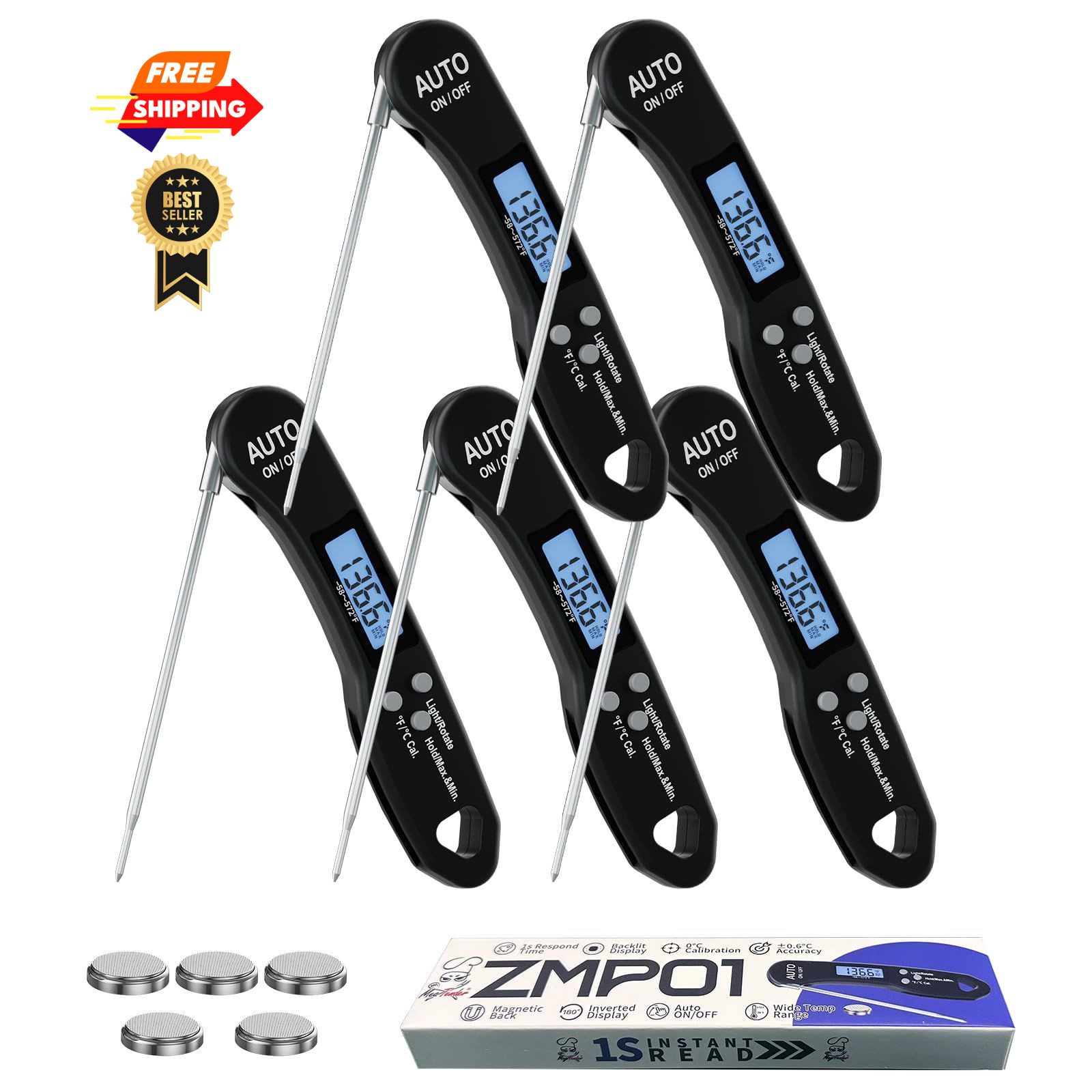 5 PCs Fast 1.2s Instant Read Meat Thermometer for Grilling & Smoking, ±1°F...