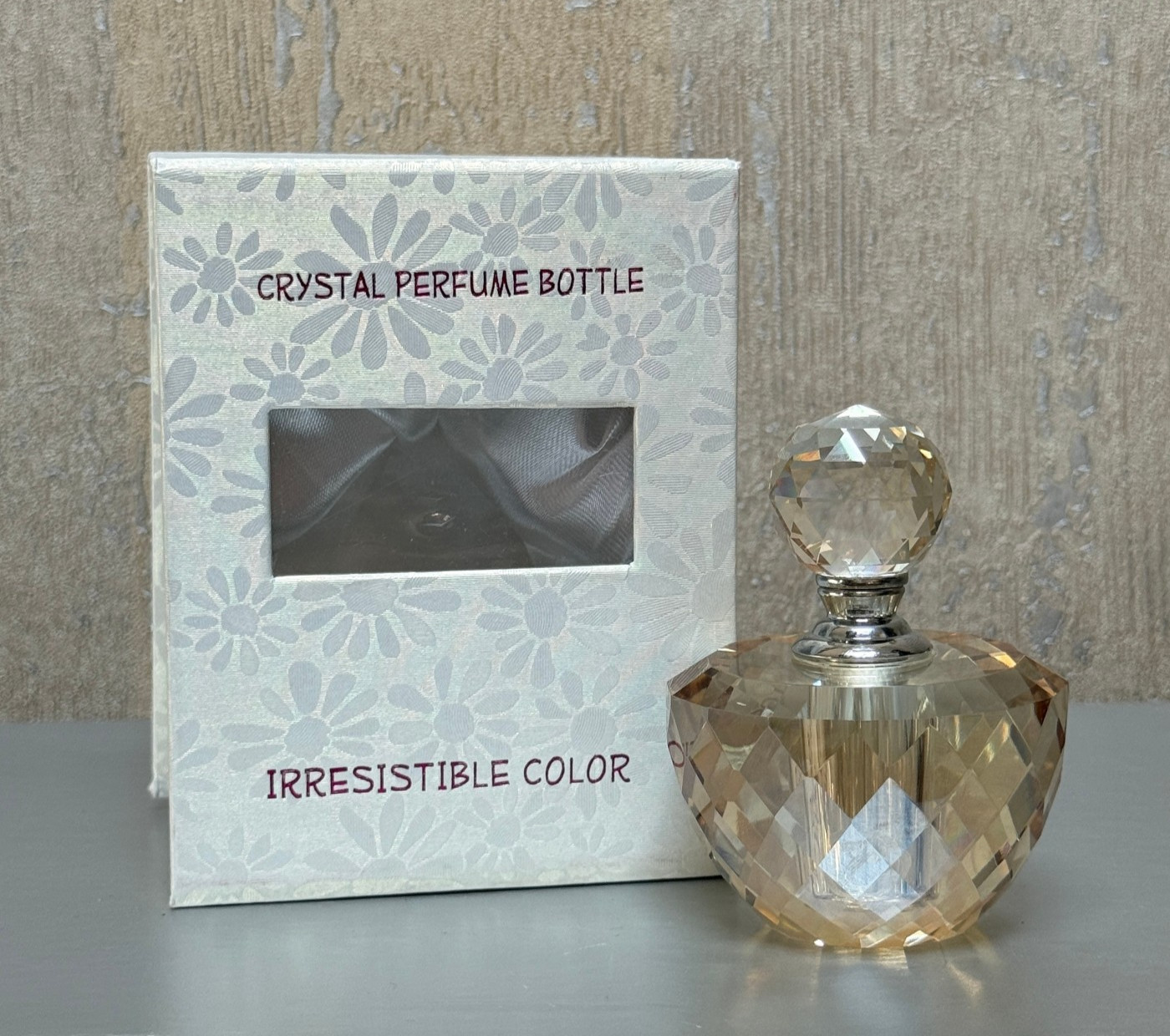 Oleg Cassini Crystal Perfume Bottle Irresistible Color Amber Gold Cut Glass Box