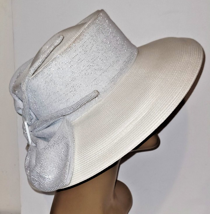 Mr. Hi's Classic Womens Church Derby Hat White with Large Silver Bow Feathers