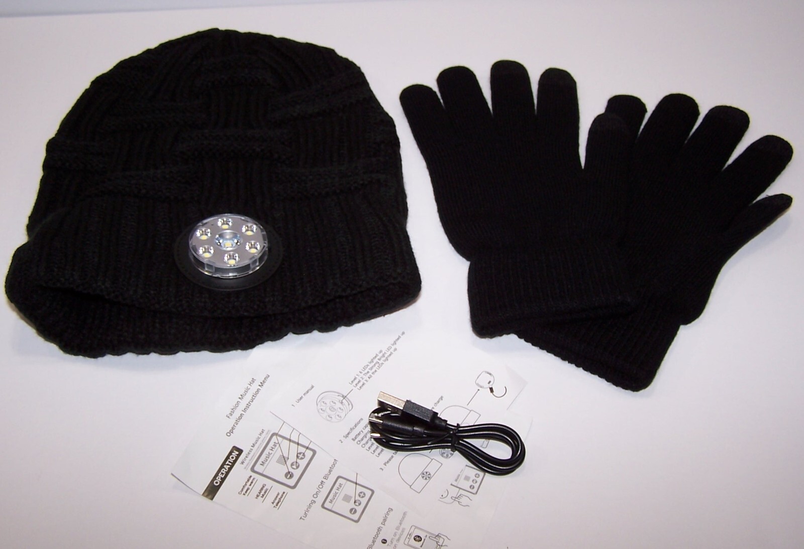 Unisex Beanie Hat w/LED Light & Wireless Bluetooth Headset + Gloves BLACK