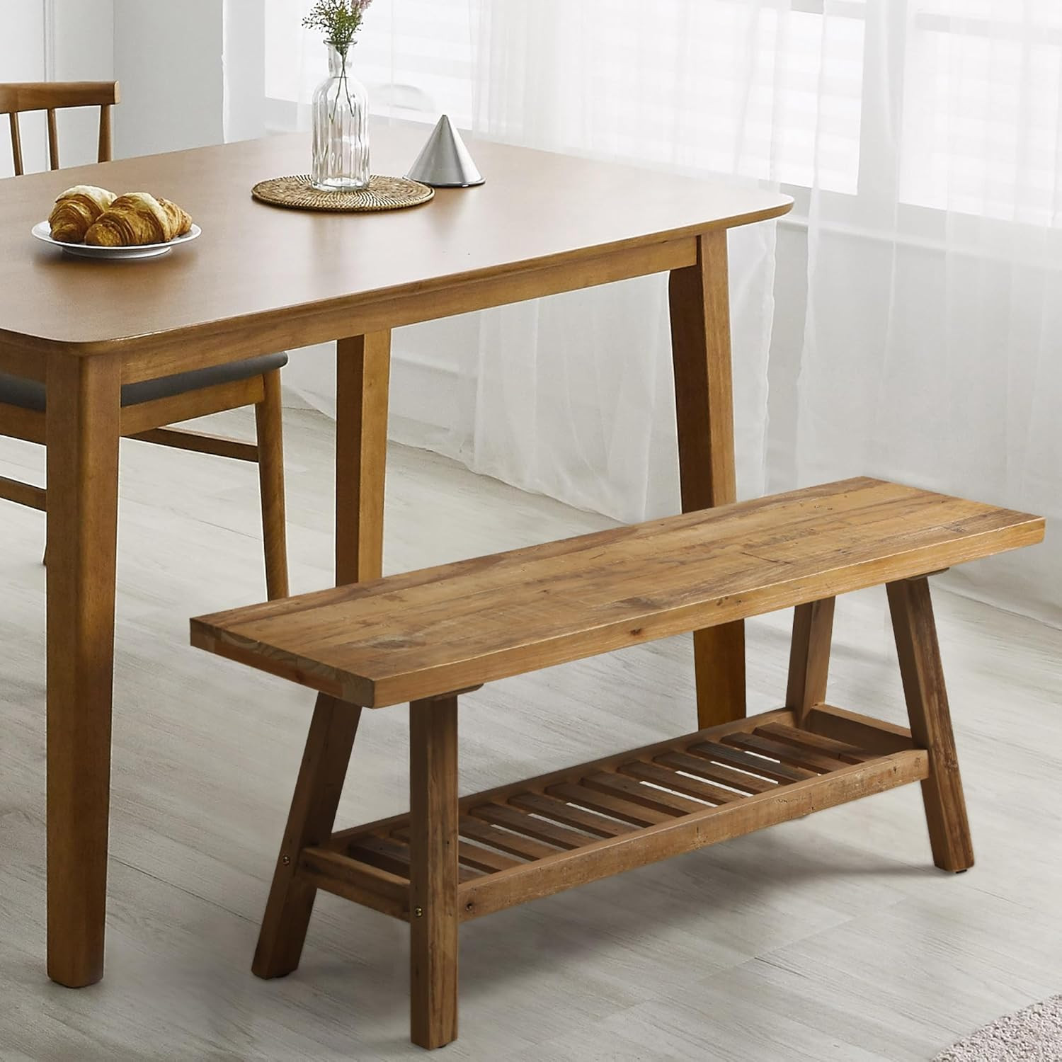 Reclaimed Solid Wood Bench-43.3" Farmhouse Entryway Bench with Storage Shelf, Na