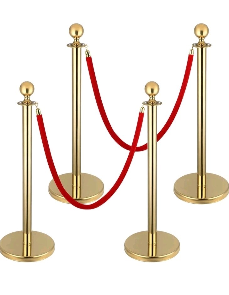 4Pcs Gold Stanchions w/ two 5Ft Red Velvet Ropes, Red Carpet Poles Crowd Control