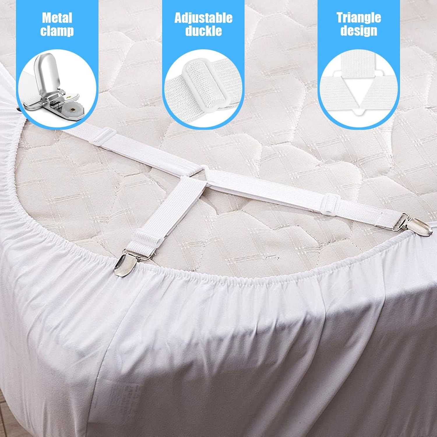 8 White Bed Sheet Holder Straps, Adjustable Straps Holders, Black