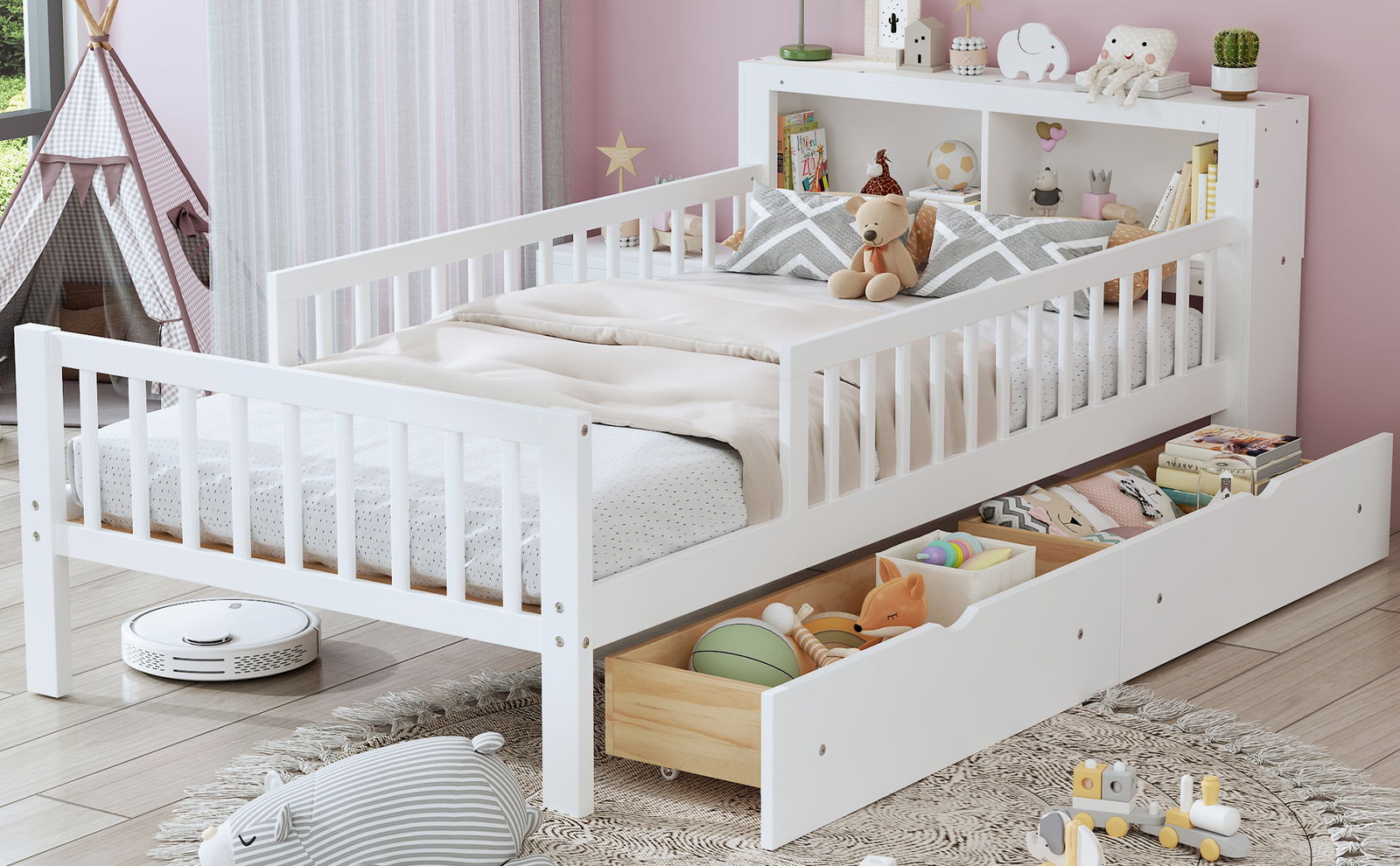 Woos Twin Size Bed with Storage Headboard Two Under-Bed Drawers Guardrails White