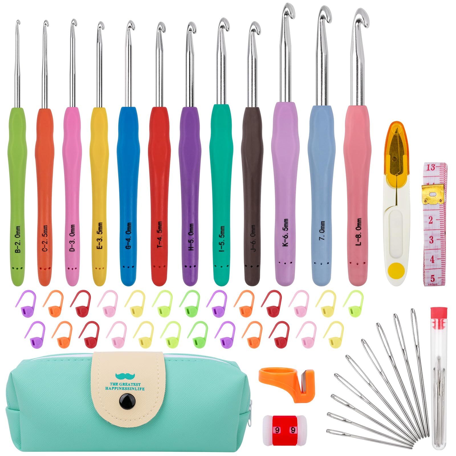 12 Sizes Crochet Hook Set,Knitting Needles w/ Ergonomic Handle&Blue Case,51 Pack