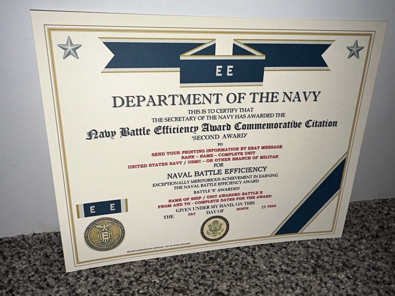 NAVY BATTLE E CITATION~2ND AWARD COMMEMORATIVE CERTIFICATE ~ TYPE-2 / W/PRINTING