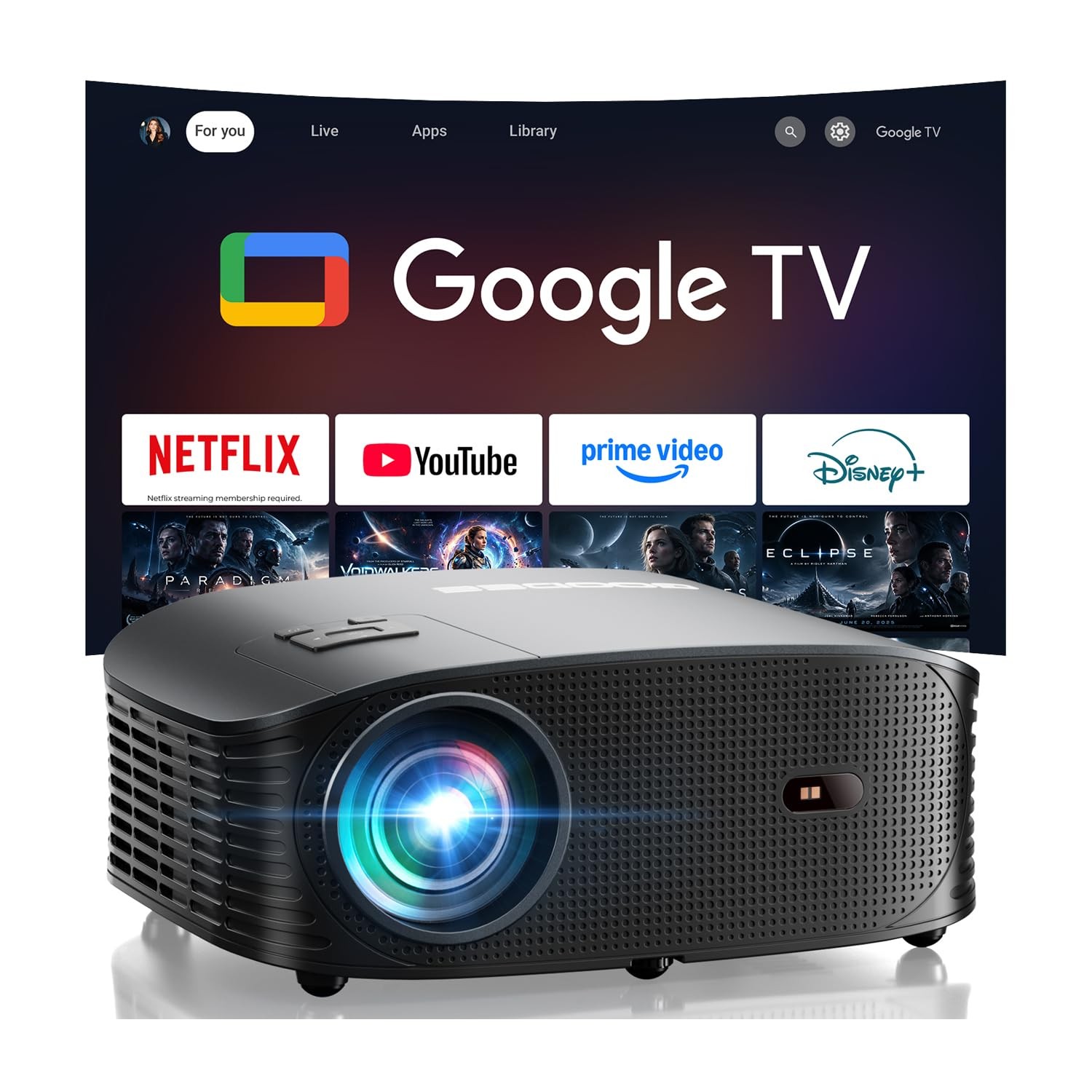GOODEE Mini Projector [Official Licensed Google TV] Built-in Apps | 1080P