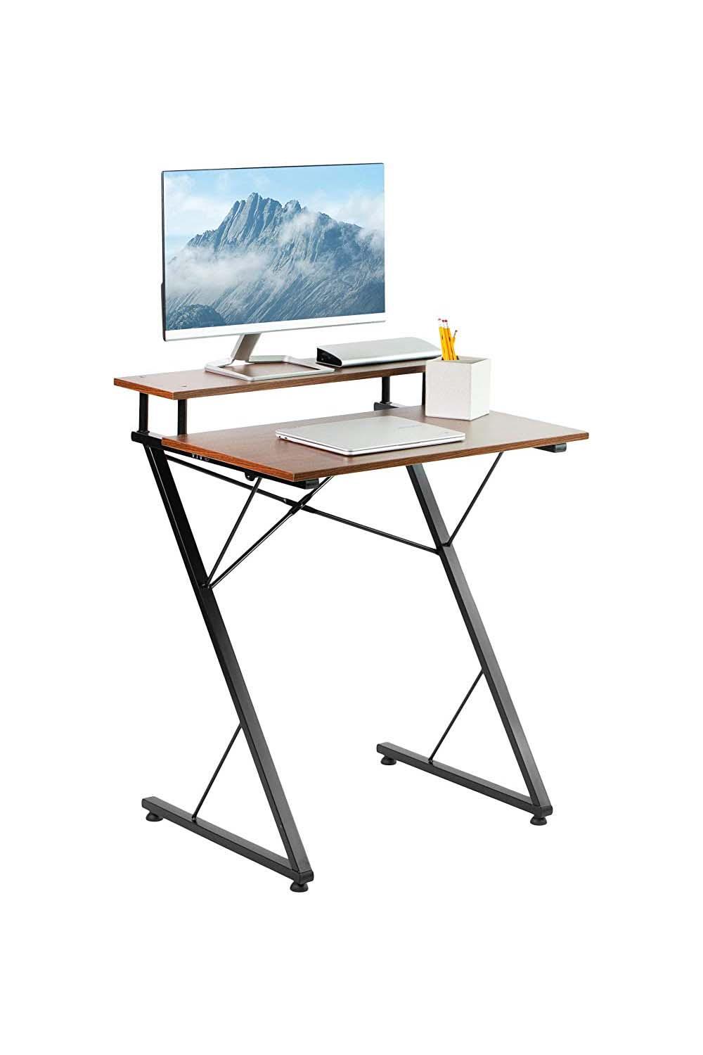 VIVO Compact Desk W/Monitor Shelf Dark Brown Table Top Black Frame