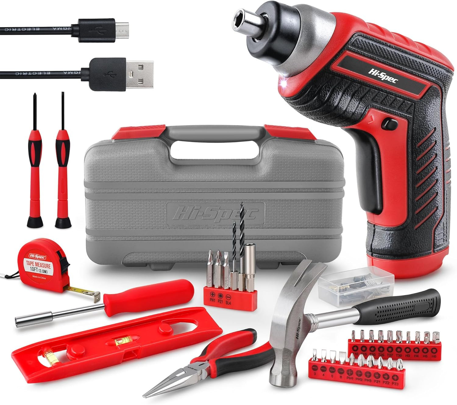 35Pc Red Tool Kit with 3.6V USB Electric Screwdriver and Drill Set. Complete Bas
