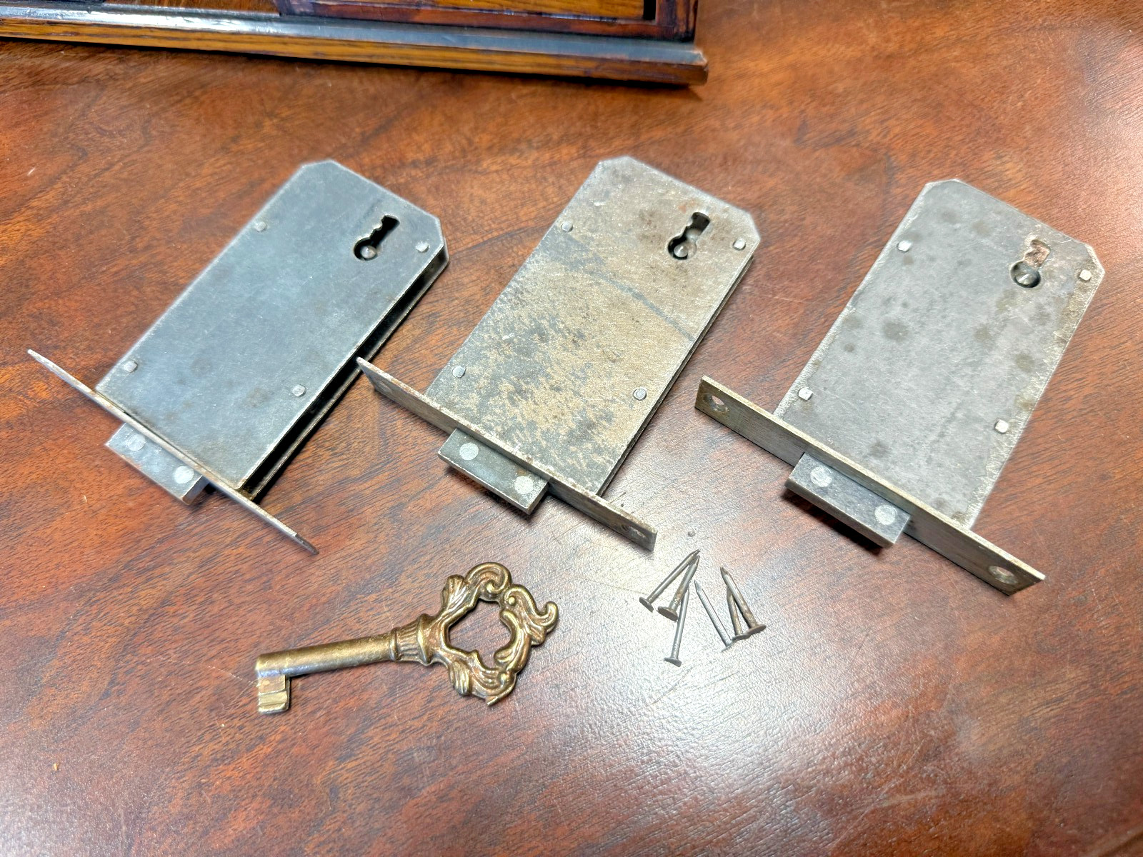 ANTIQUE SALVAGE 3 LARGE FRENCH METAL FURNITURE LOCKS ~ NOT REPRODUCTION