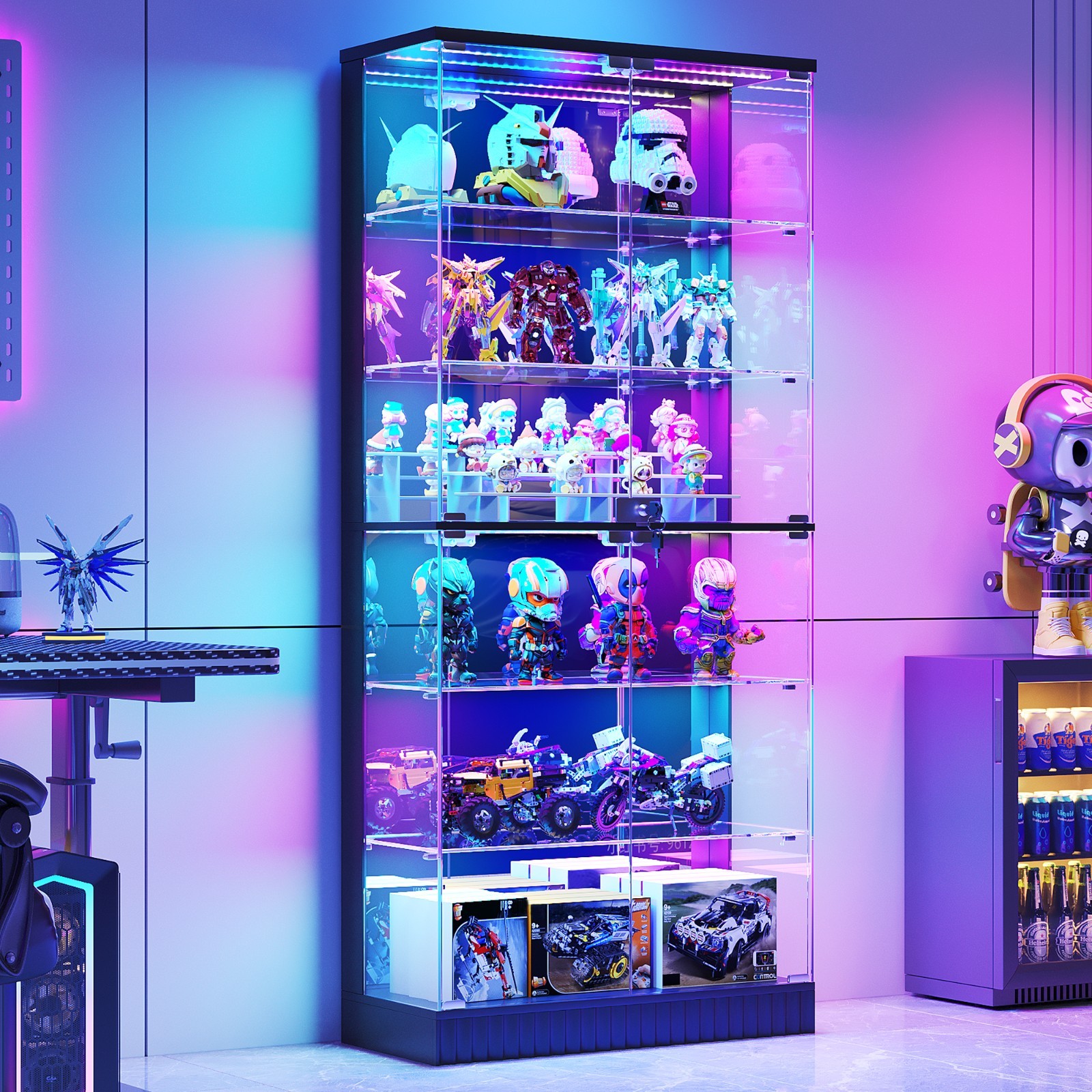 71" Glass Display Cabinet with RGB Lights, App Control, 6-Tier Lockable Curio