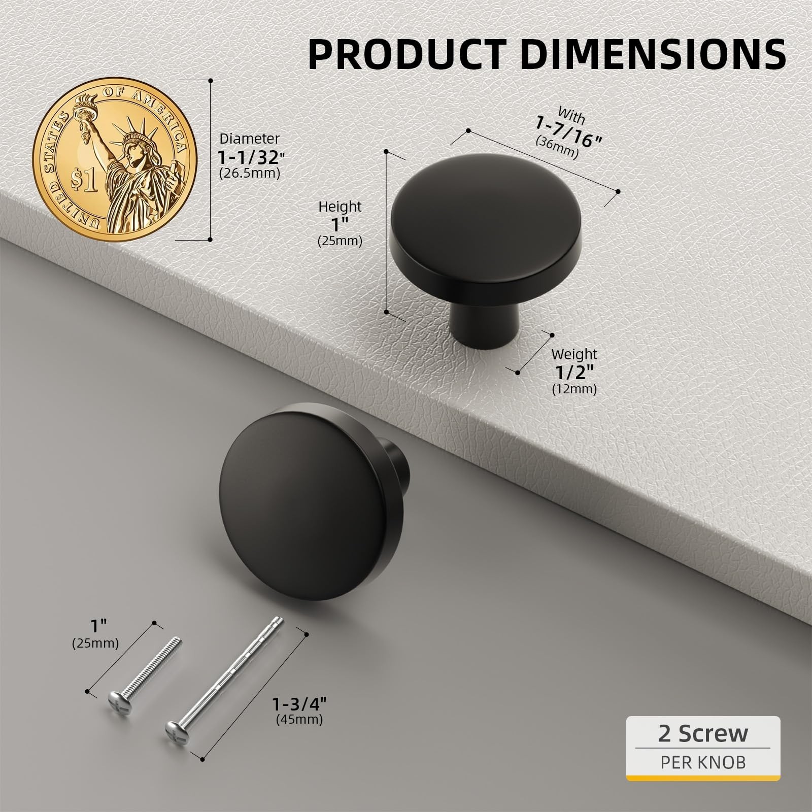 Goldenwarm 5 Pack Matte Black Cabinet Knobs for Kitchen Hardware Handles Roun...
