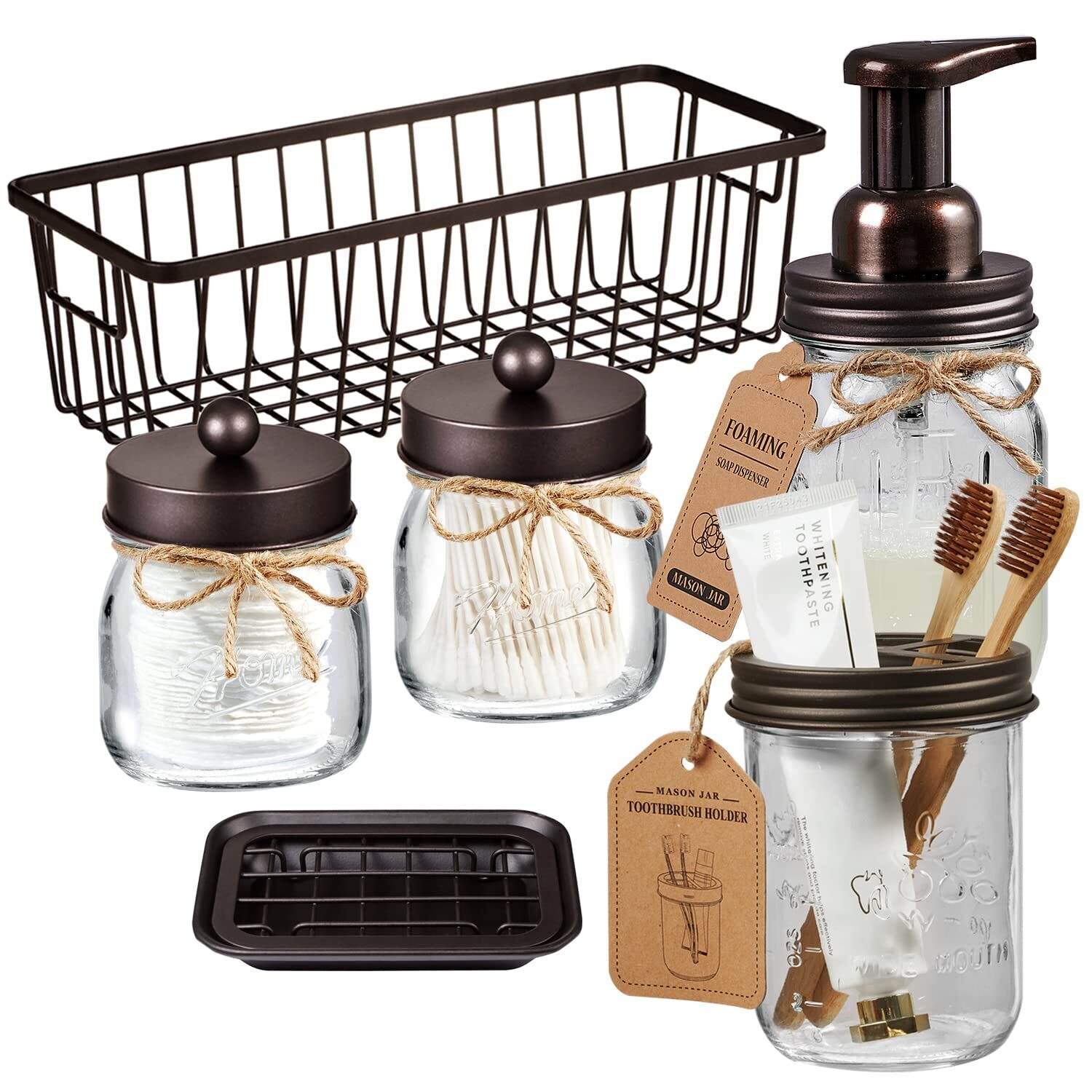 6 Pcs Mason Jar Bathroom Accessories Set with Metal Wire Storage Organizer