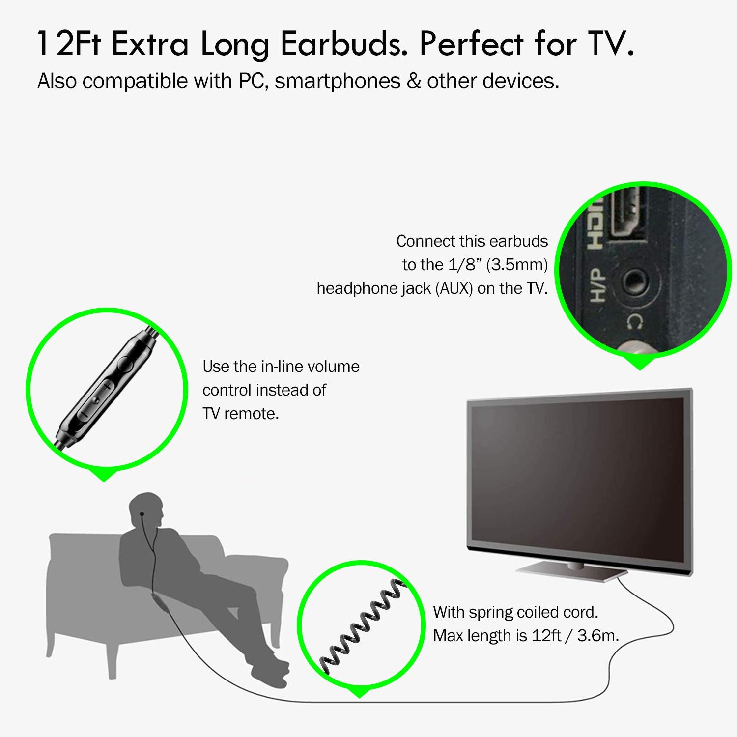 Extra Long Earbuds for TV & PC, with 12FT Spring Coiled Extension Cable, Volume