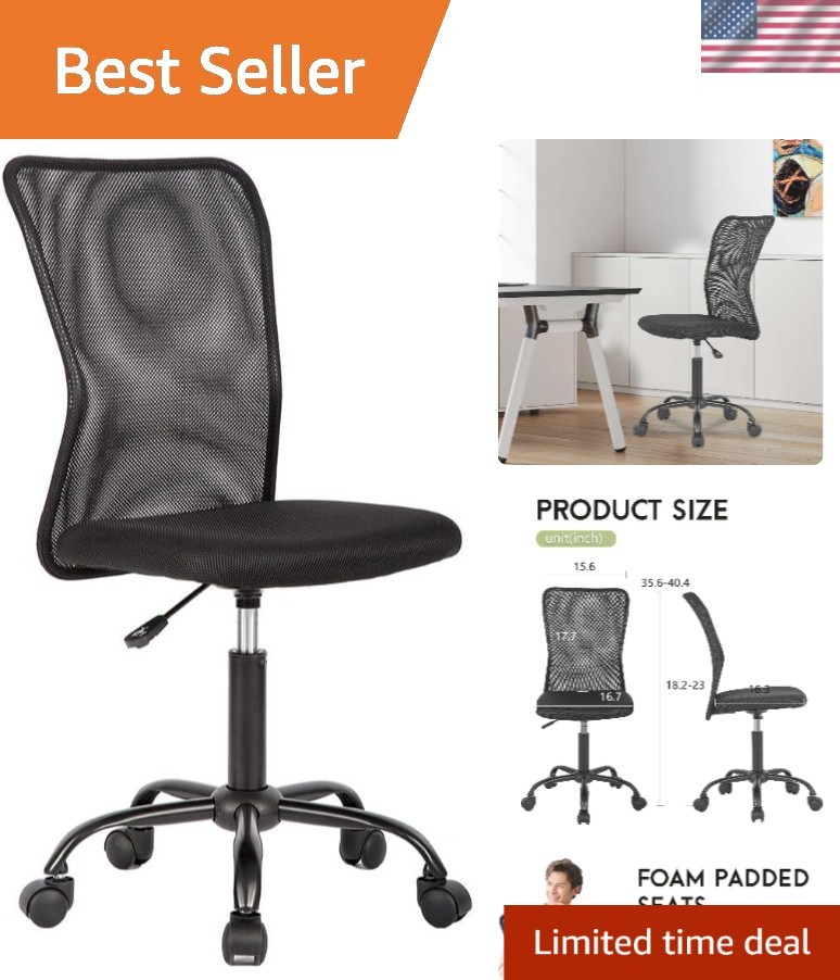 Ergonomic Armless Office Chair with Lumbar Support - Black Mesh & Swivel