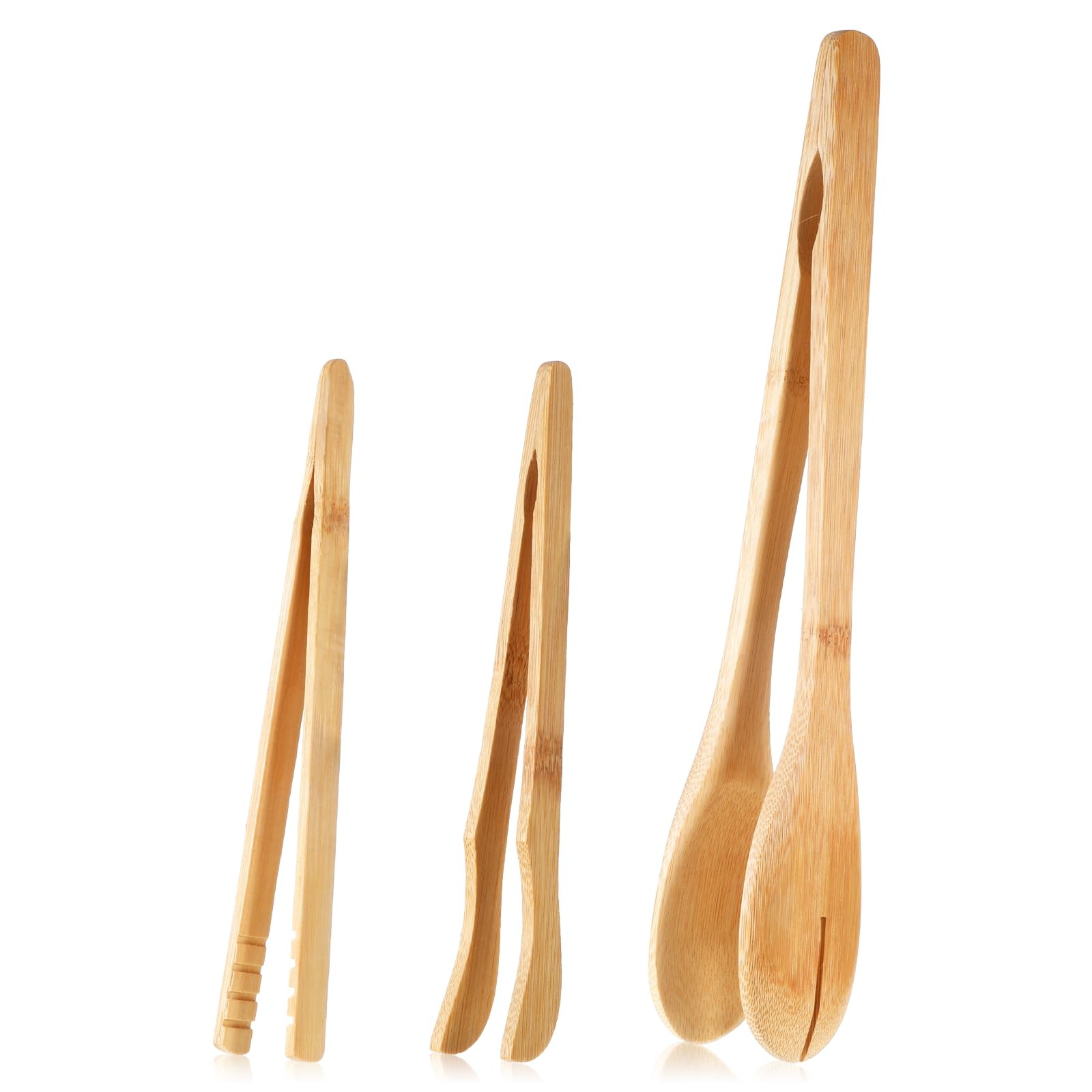 3 Pcs Bamboo Tongs for Toaster, Reusable Wooden Cooking Tongs 7” & 11.8” Kitc...