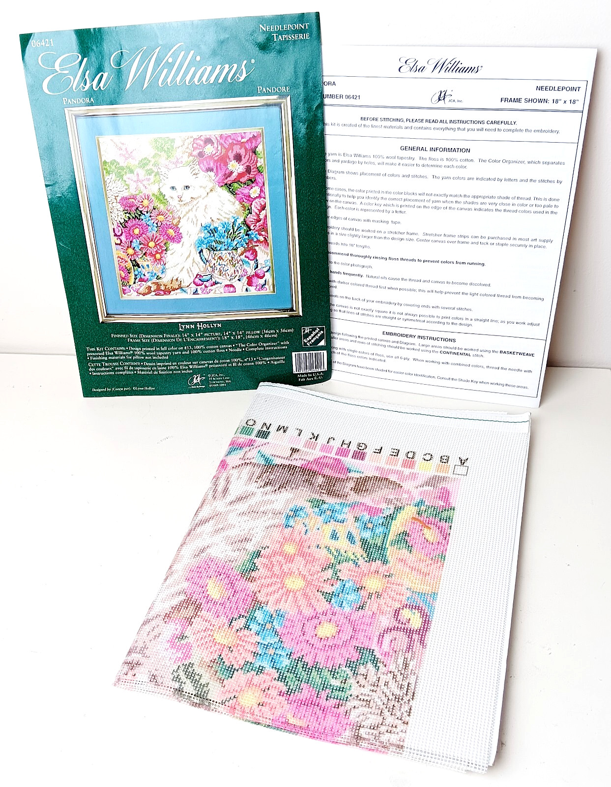 Elsa Williams White Cat with Flowers Needlepoint Canvas and Instructions READ