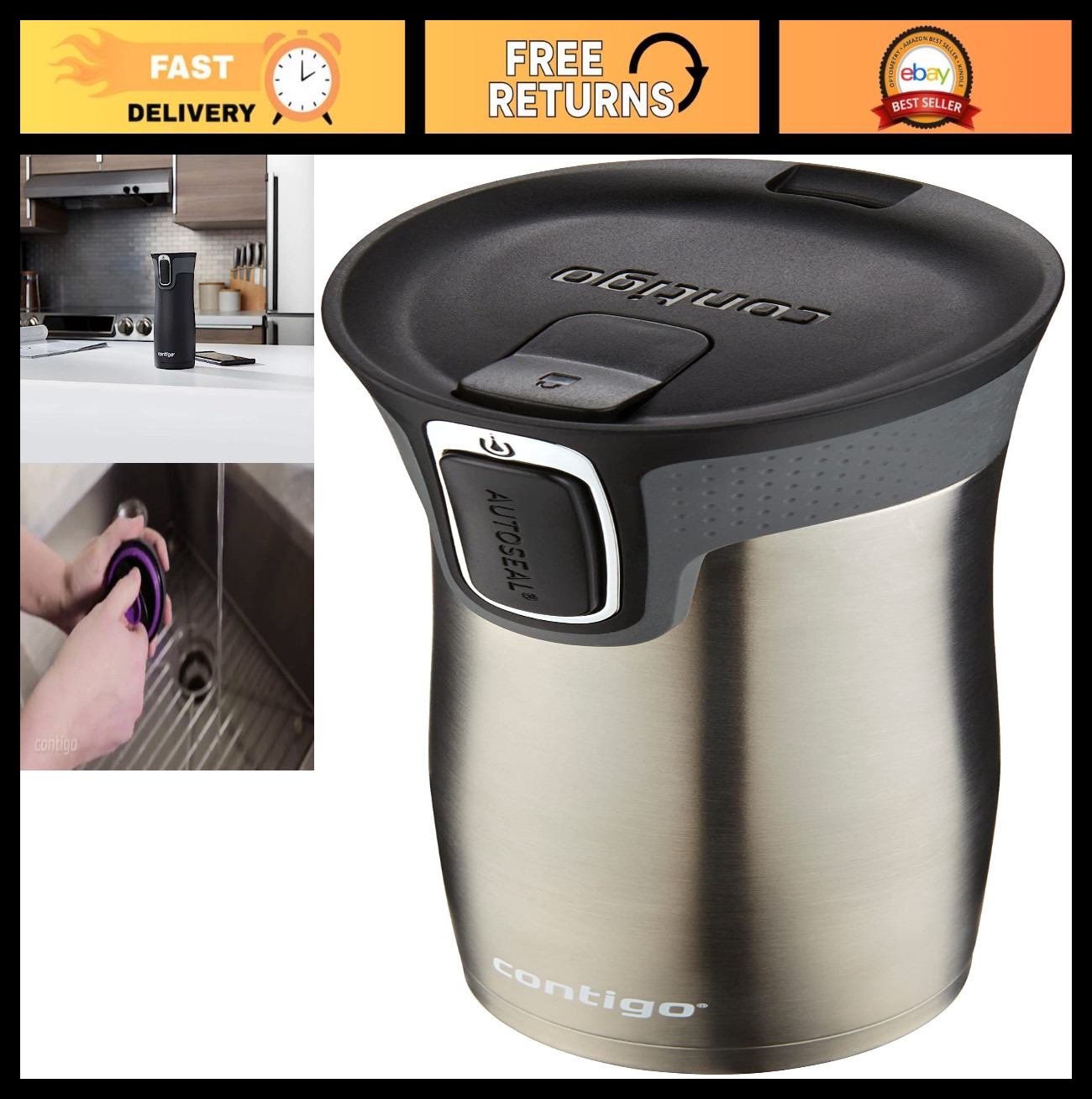 Stainless Steel Travel Mug 16oz with AUTOSEAL Lid - Insulated Coffee Cup, Black