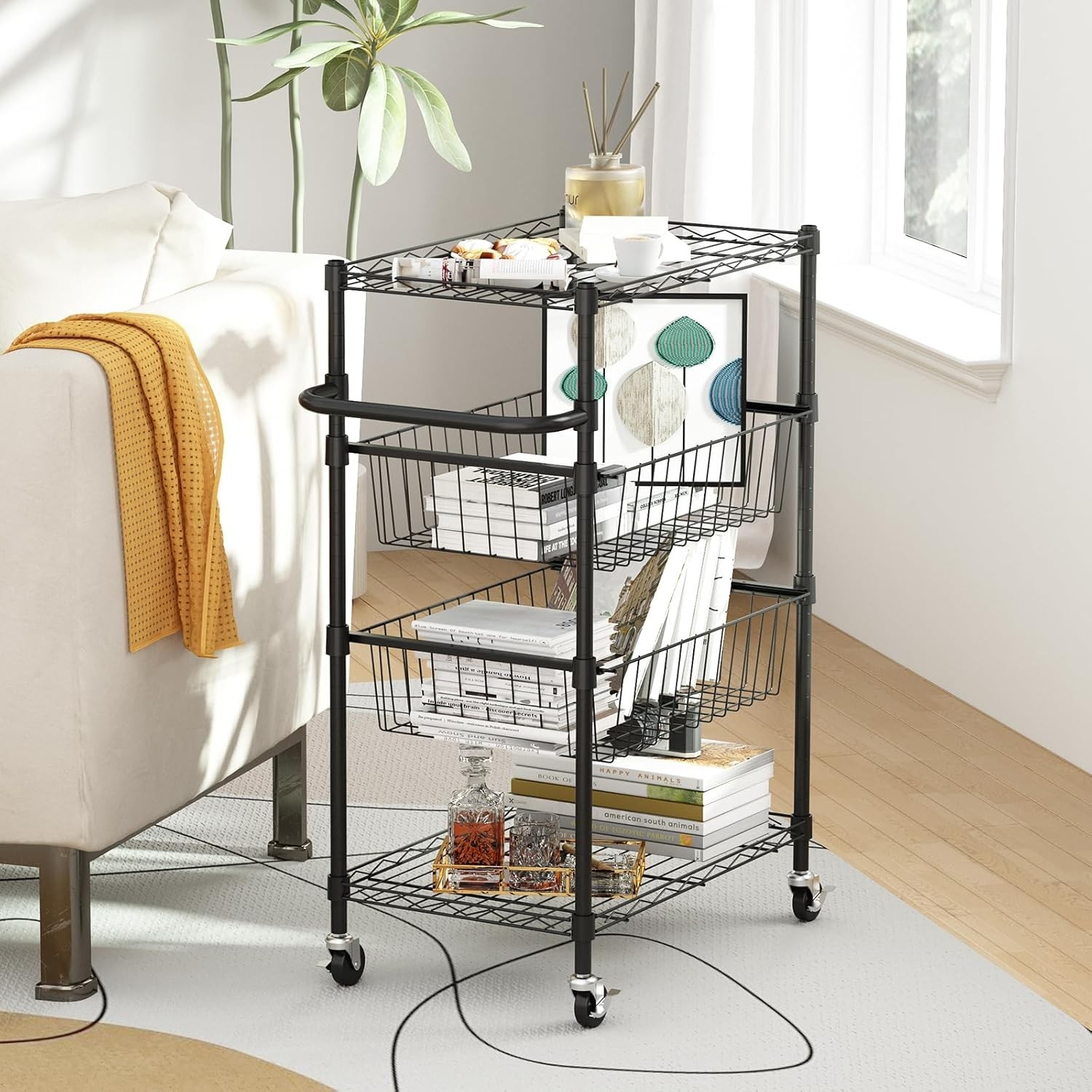 4-Tier Kitchen Cart Rolling Storage Utility Cart w/ Handle & 2 Removable Baskets