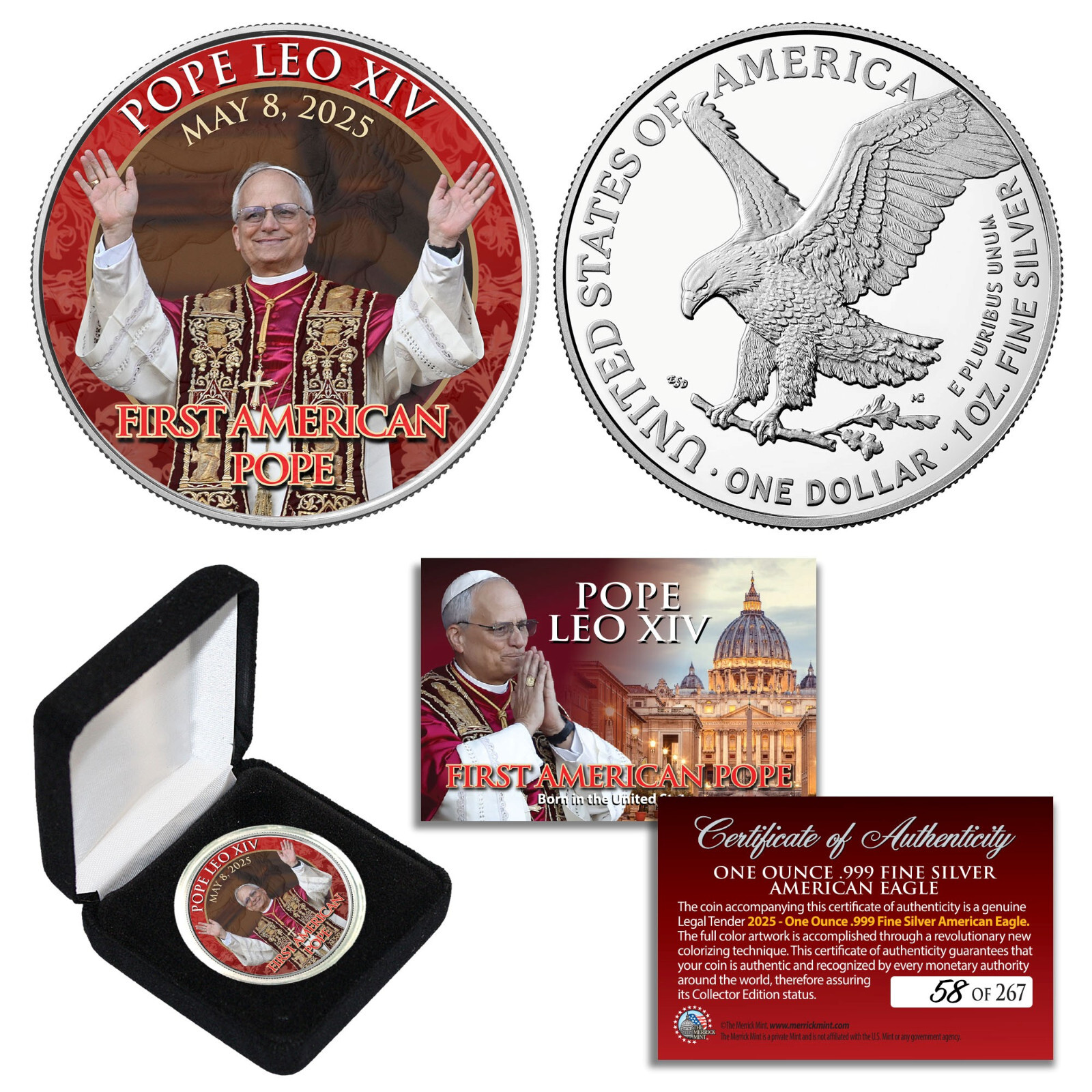 POPE LEO XIV 1st American Pope 2025 1 OZ Silver American Eagle Coin - S/N of 267