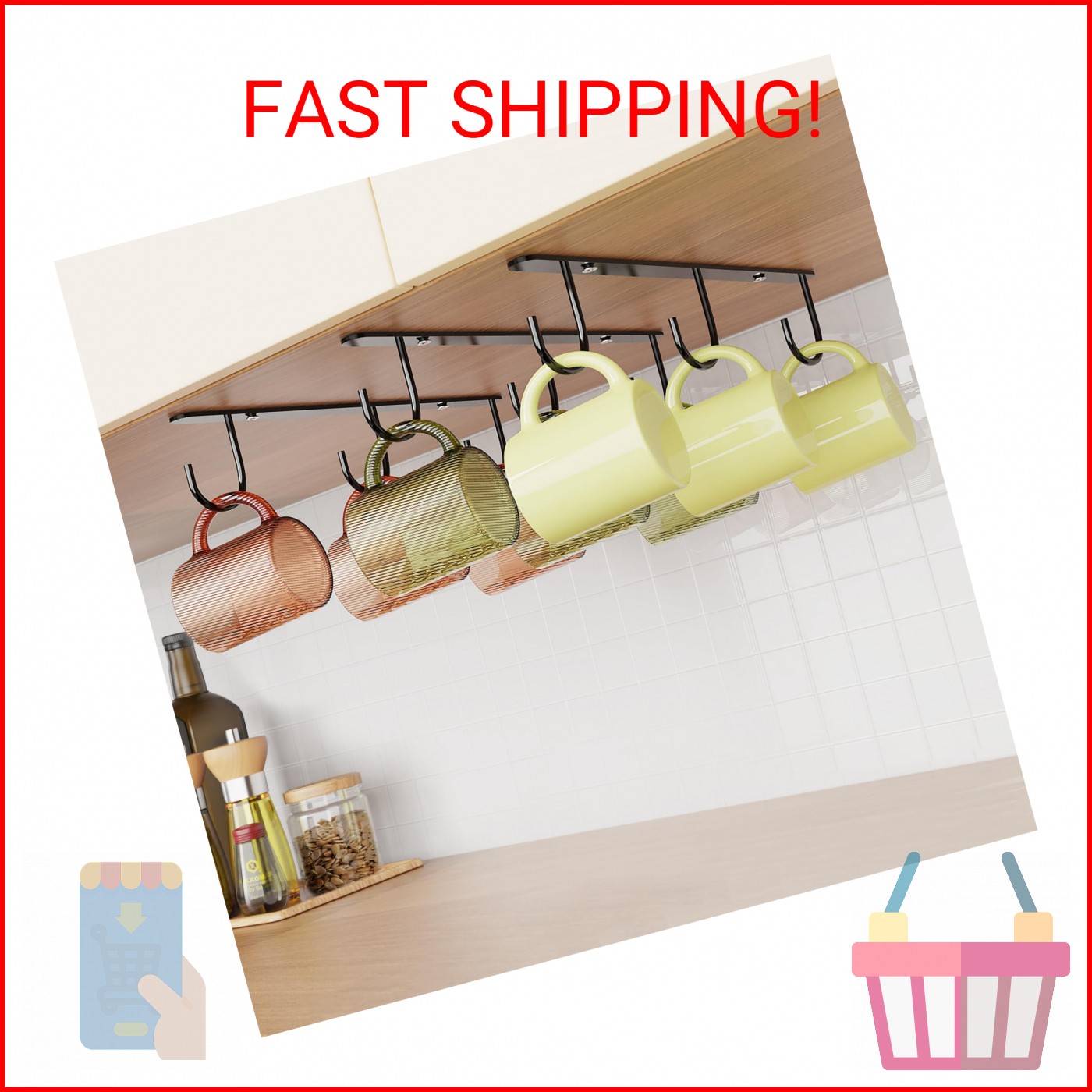Luckinow 3 Pack Mug Hooks Under Cabinet, Coffee Mug Holder for Hanging Under She