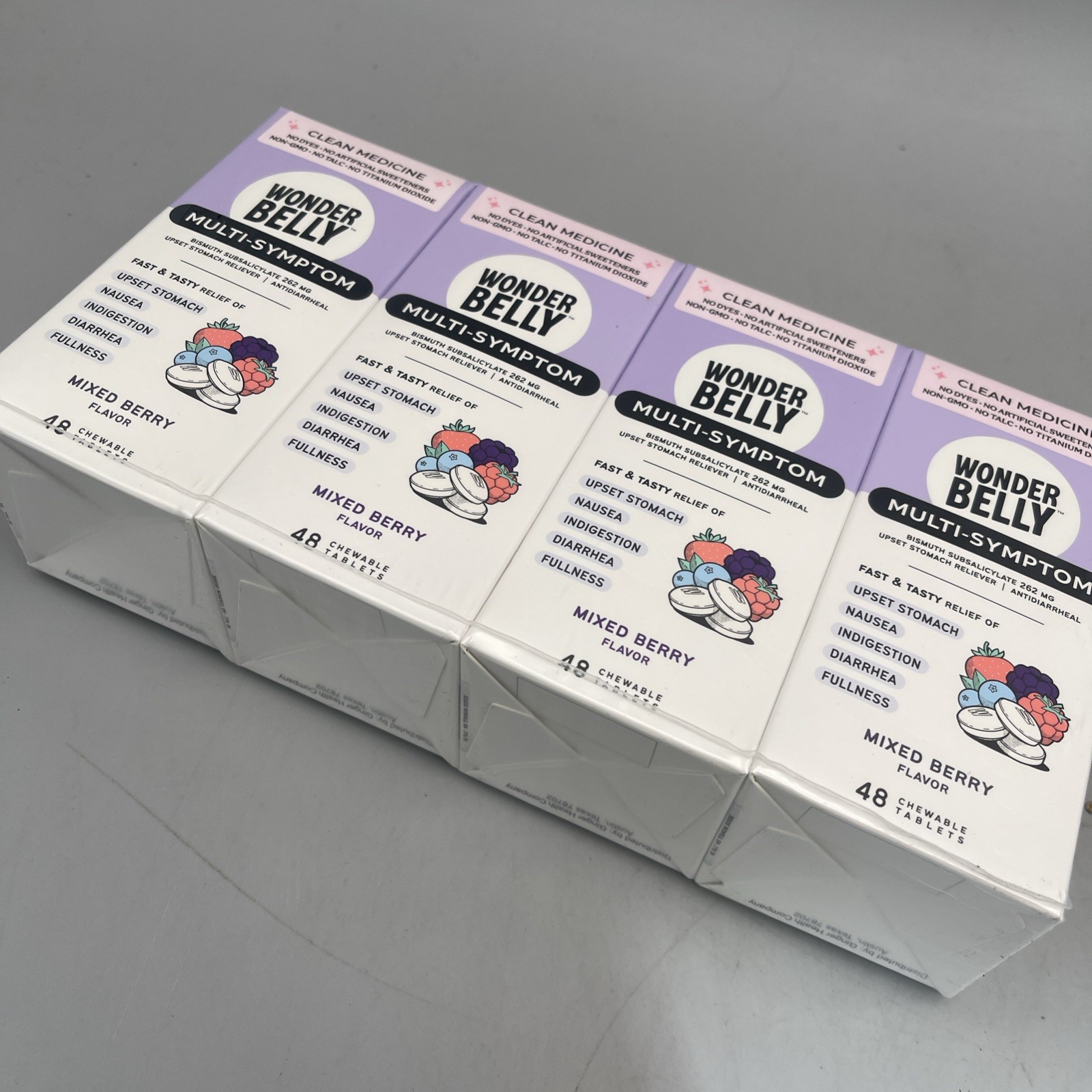4 Pack Wonder Belly Multi-Symptom Chewable Tablets Anti-Diarrhea & Upset Stomach