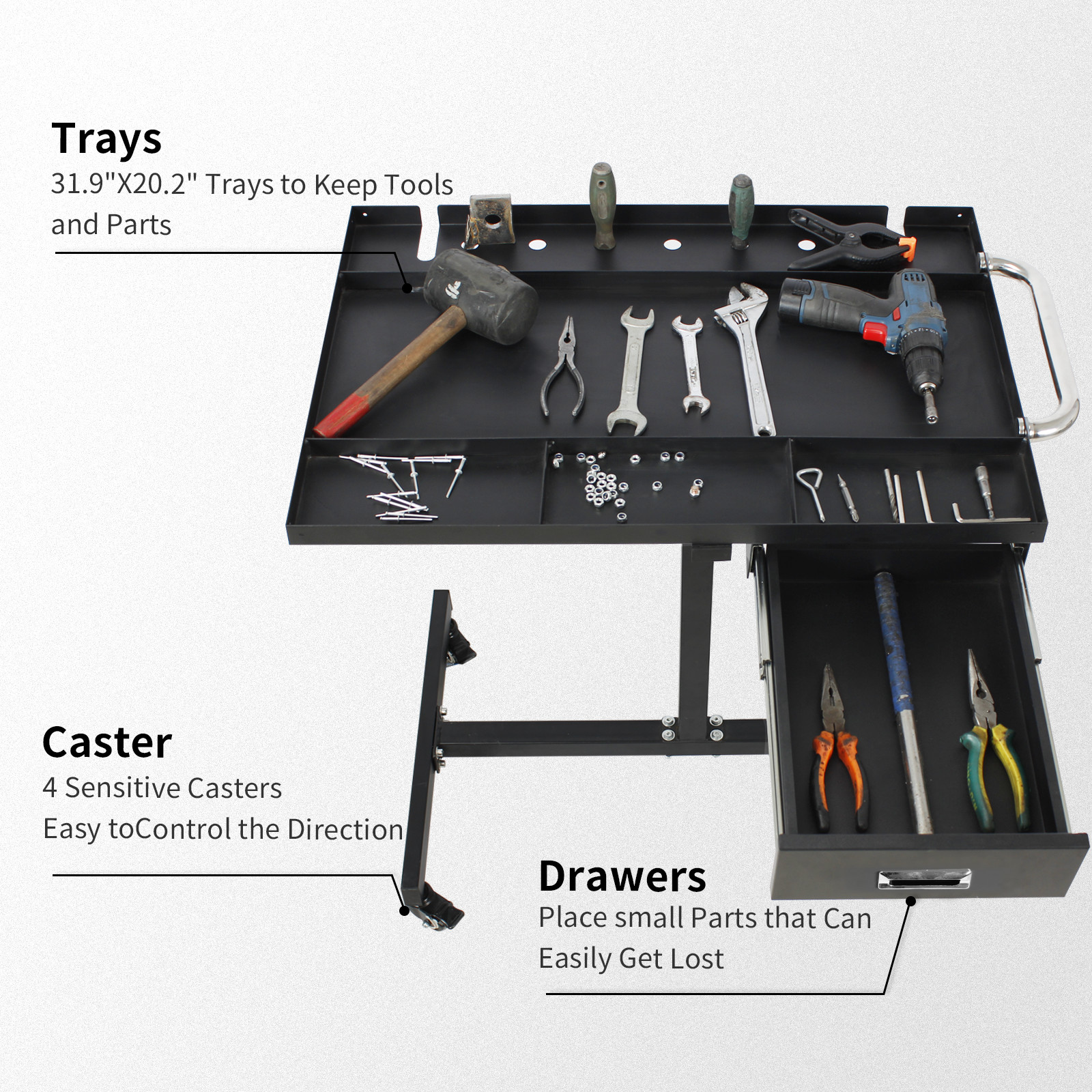 Adjustable Height Rolling Tool Tray,220lbs Capacity Down Work Table with Drawers