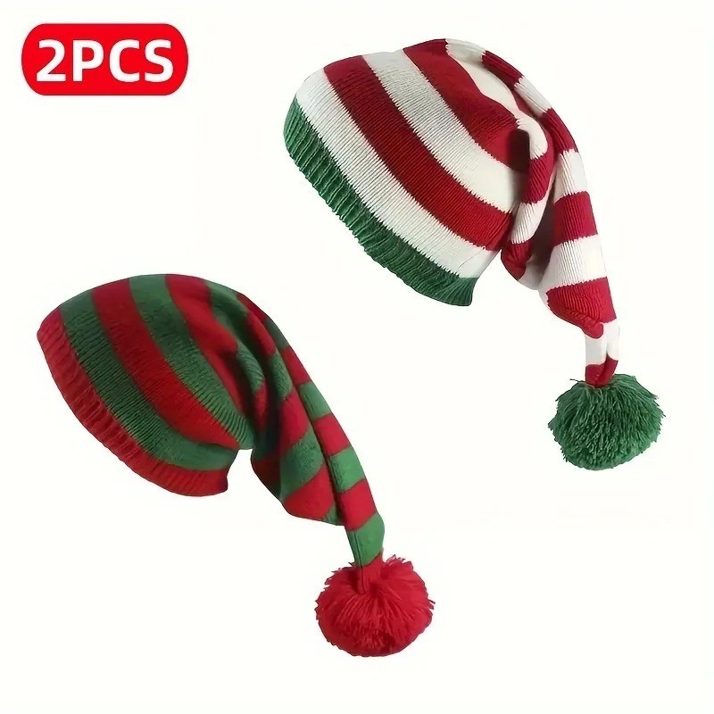 2 Pcs Christmas Knit Hat Women Men Santa Hat Beanie Long Striped Winter Warm Hat