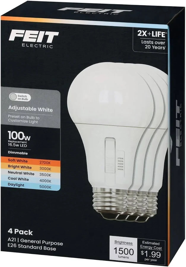 ADJUSTABLE !! Feit A21 E26 (Medium) LED Bulb White 100 Watt Equivalence 4 pk NEW