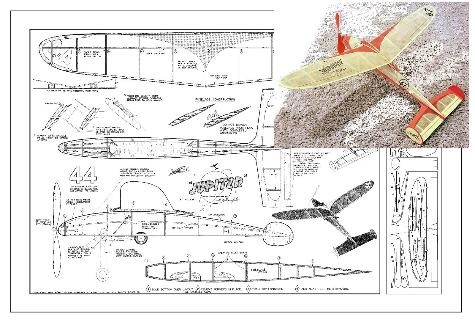 Comet Model Airplane Plans (FF): Jupiter 20" Span Rubber-Powered (1947)