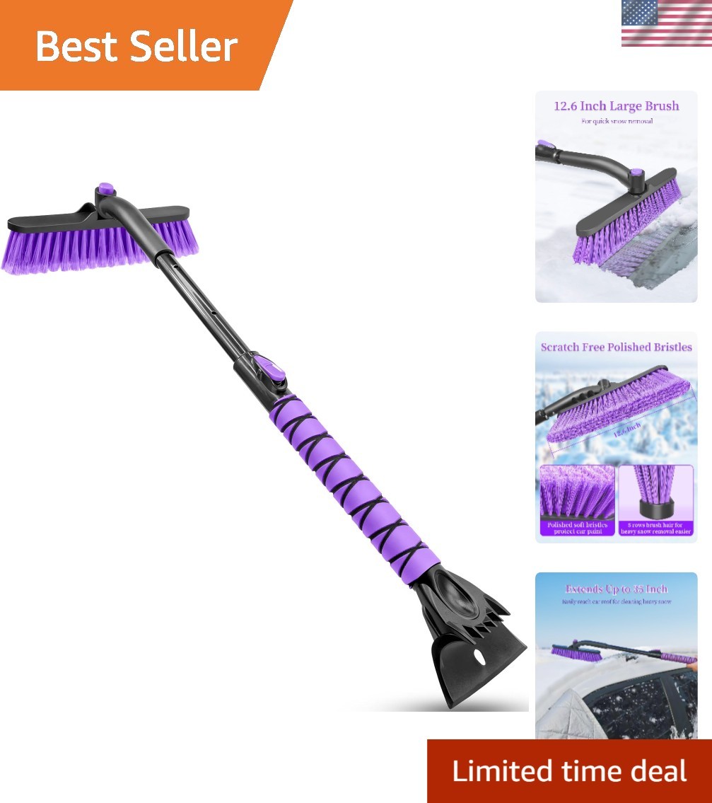 Ergonomic Snow Brush with Ice Scraper – 35 Inch Extendable Design in Purple