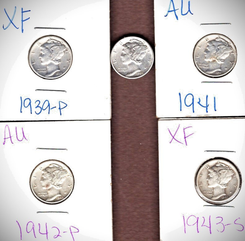 SILVER MERCURY DIMES (5) 1939 THROUGH 1943 COINS ALL XF/AU 1940D IS BEAUTIFUL!