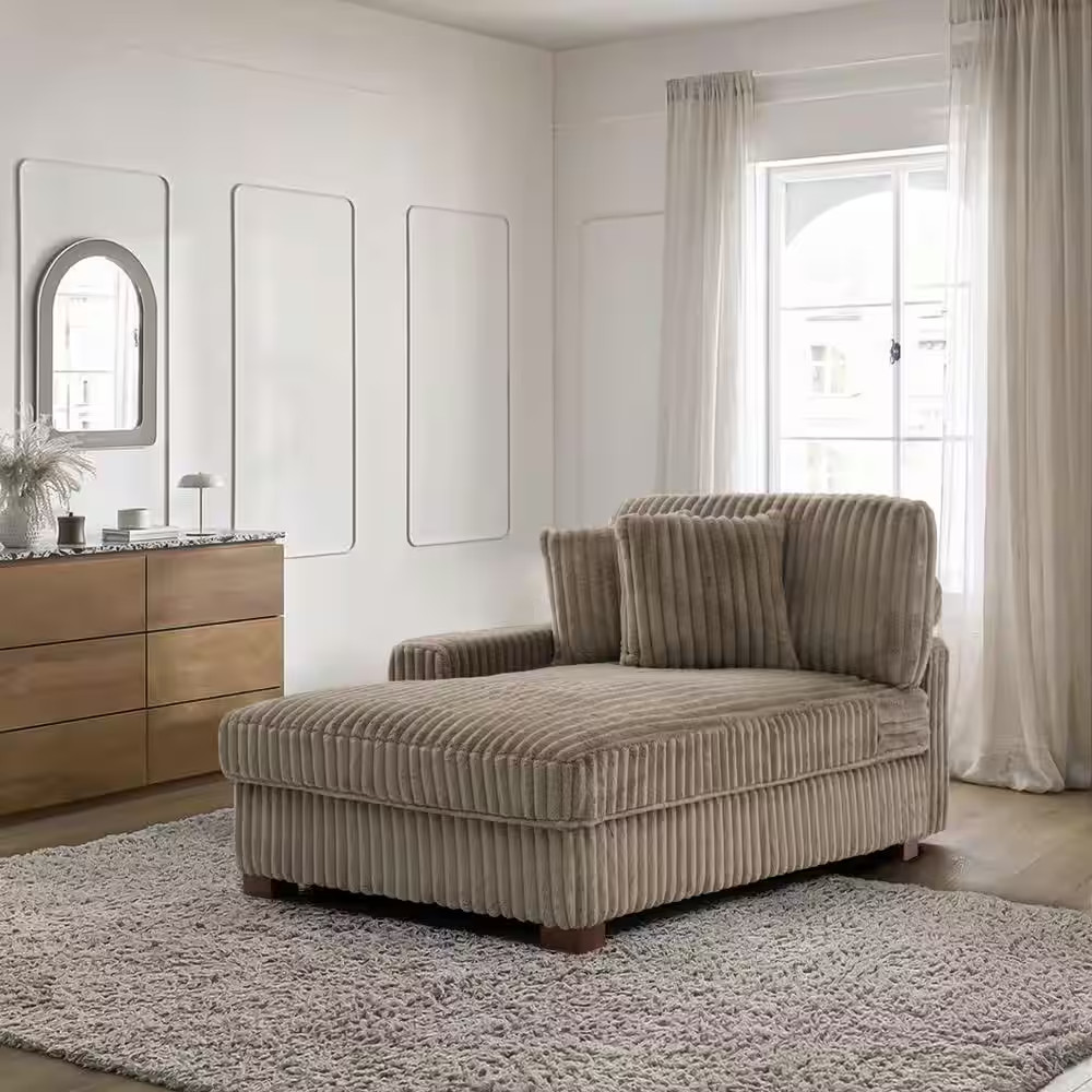 Light Brown Faux Rabbit Fur Polyester Left Arm Facing Sectional Chaise Lounge wi