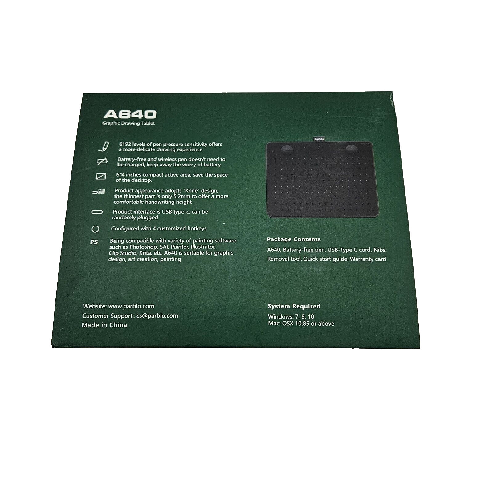 Parblo A640 Graphic Drawing Tablet 6x4 Inch 8192 level pressure sensitivity CIB