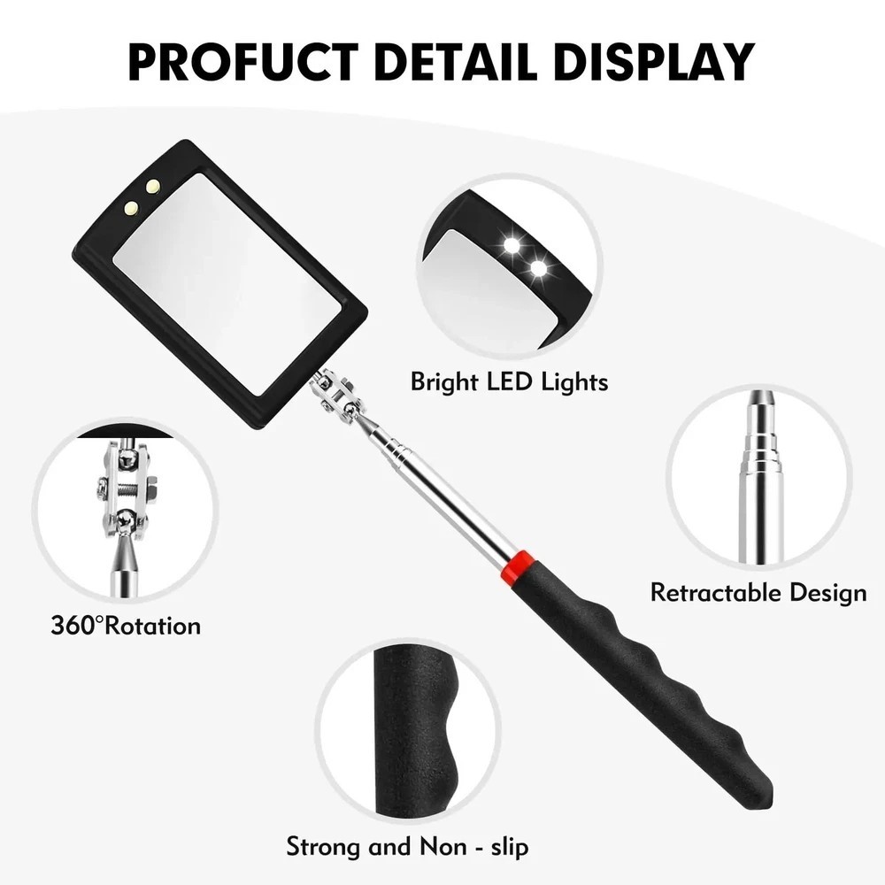 Inspection Mirror LED Lighted Mechanic Telescoping illuminate Swivel Extendable