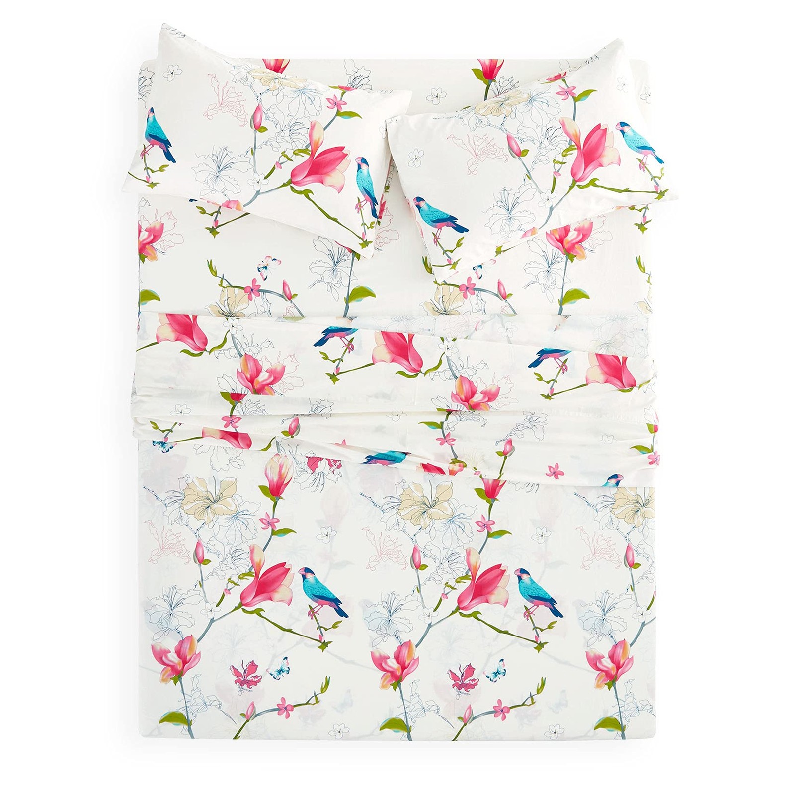 - Floral Bed Sheets, 100% Cotton, 4-Piece Sheet Set, Bird Patterned Printed B...