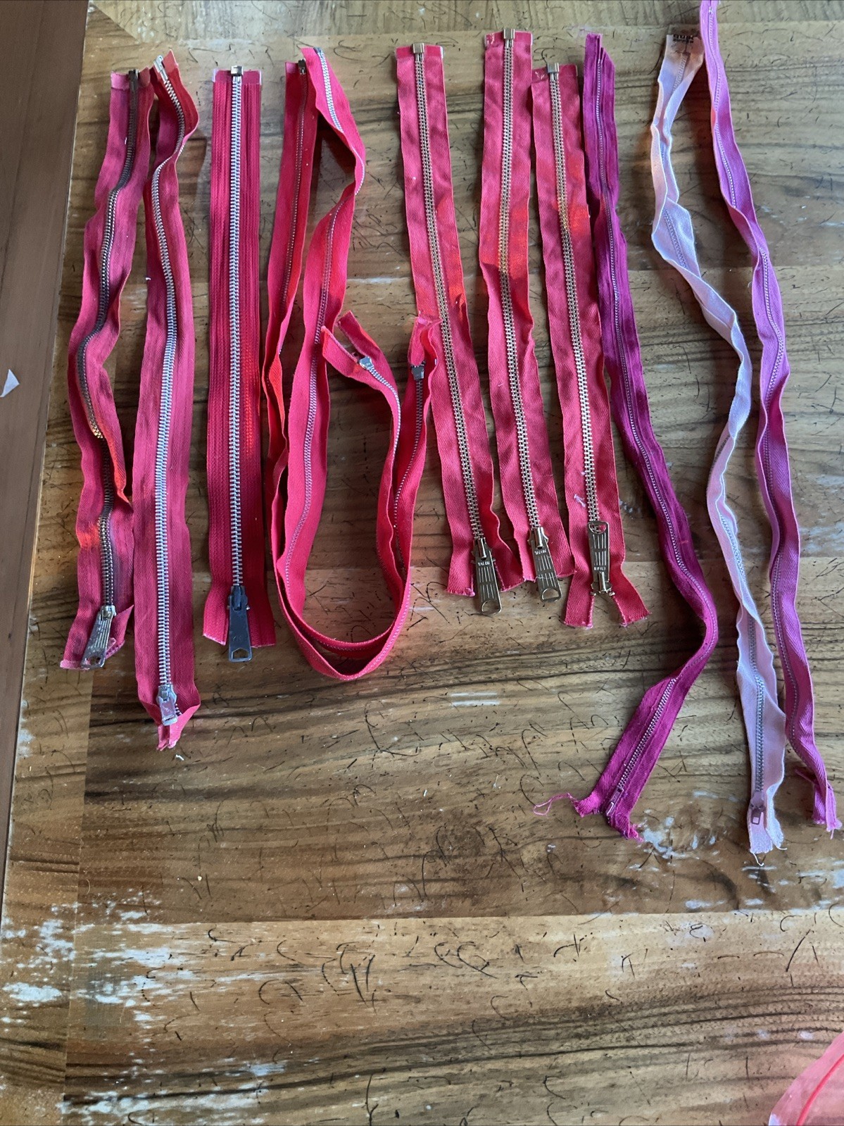 Lot Of 11 Red And Pink Metal Zippers Brass Aluminum 14”-25”
