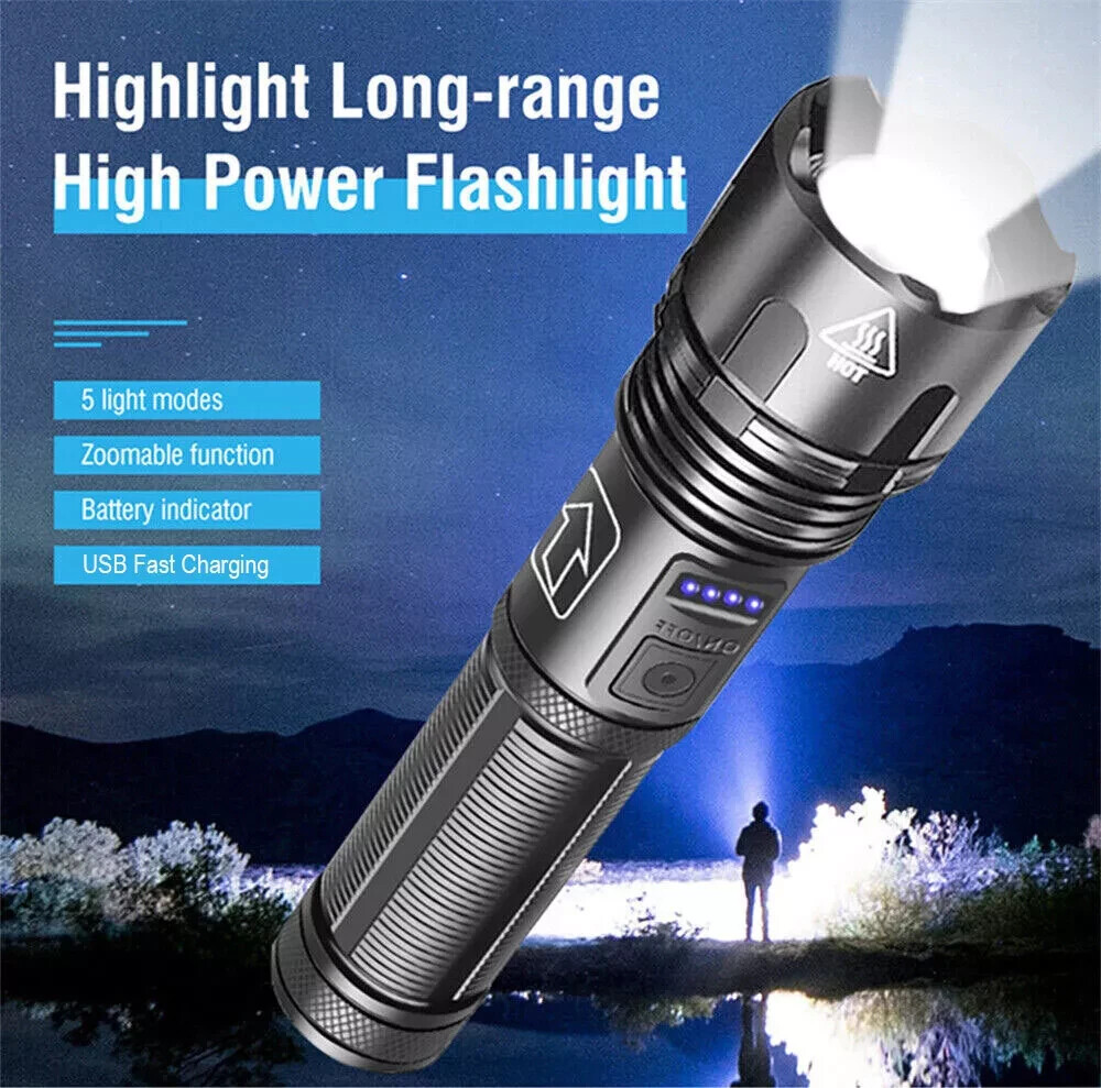 9000000 Lumens Super Bright LED Flashlight Tactical Rechargeable LED Work Lights