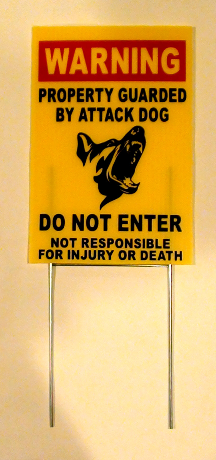 (1) WARNING Property Guarded by Attack Dog DO NOT ENTER Sign w/Stake 8x12 yel